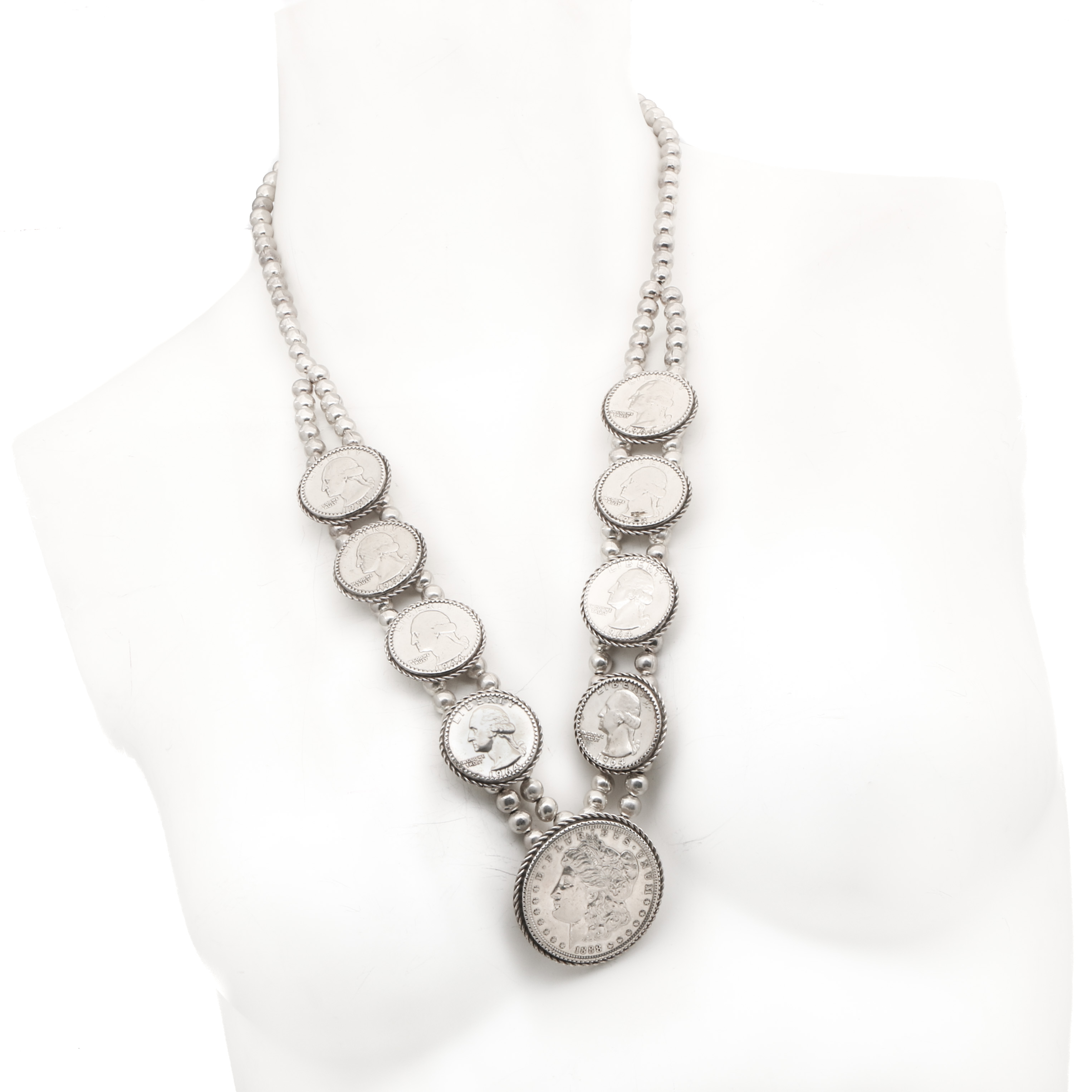 Kay Johnson Sterling and Coin Silver Morgan Dollar and Silver Quarter Necklace