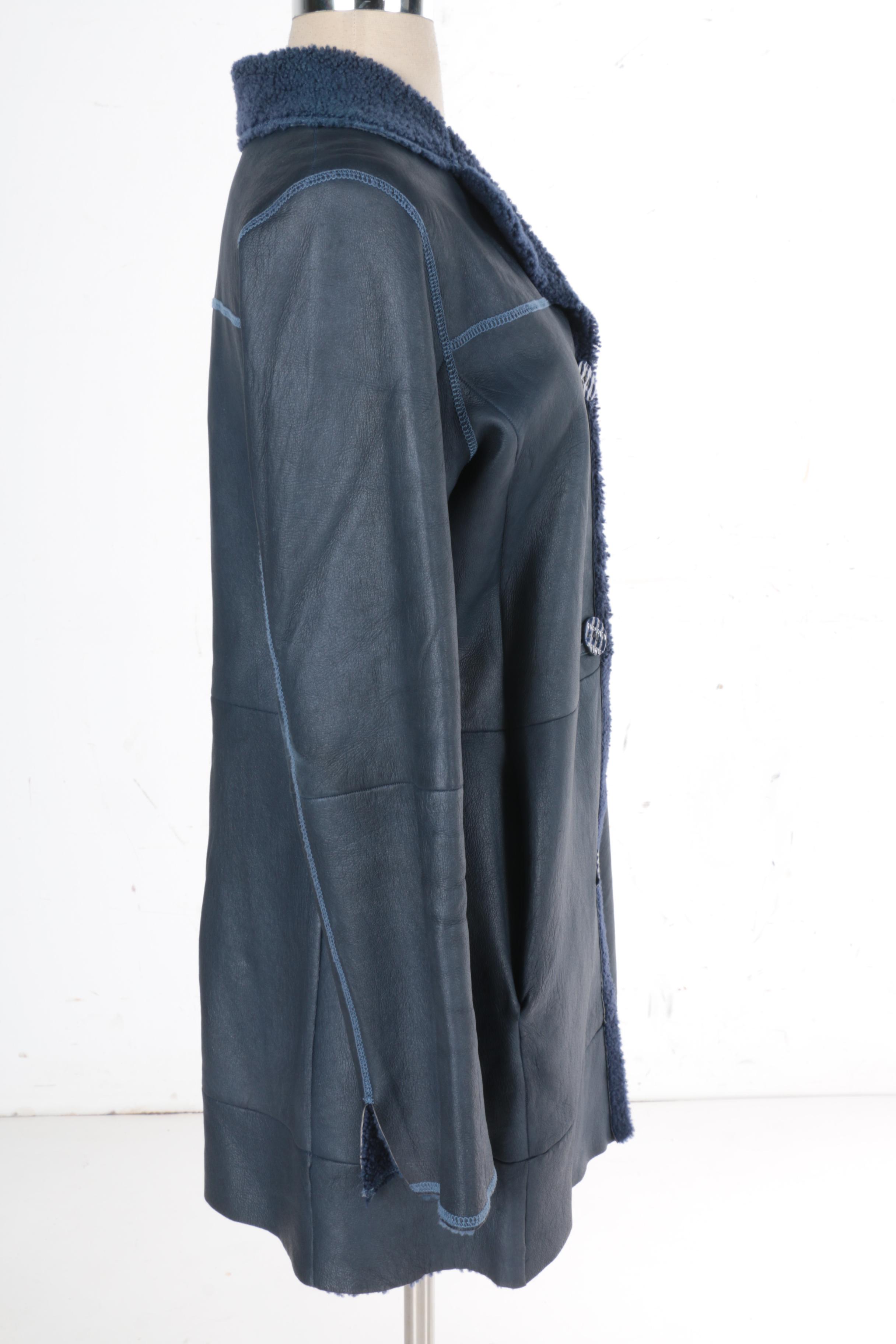 Women's Rosa Mori Irma Paytler Navy Blue Leather and Shearling Coat