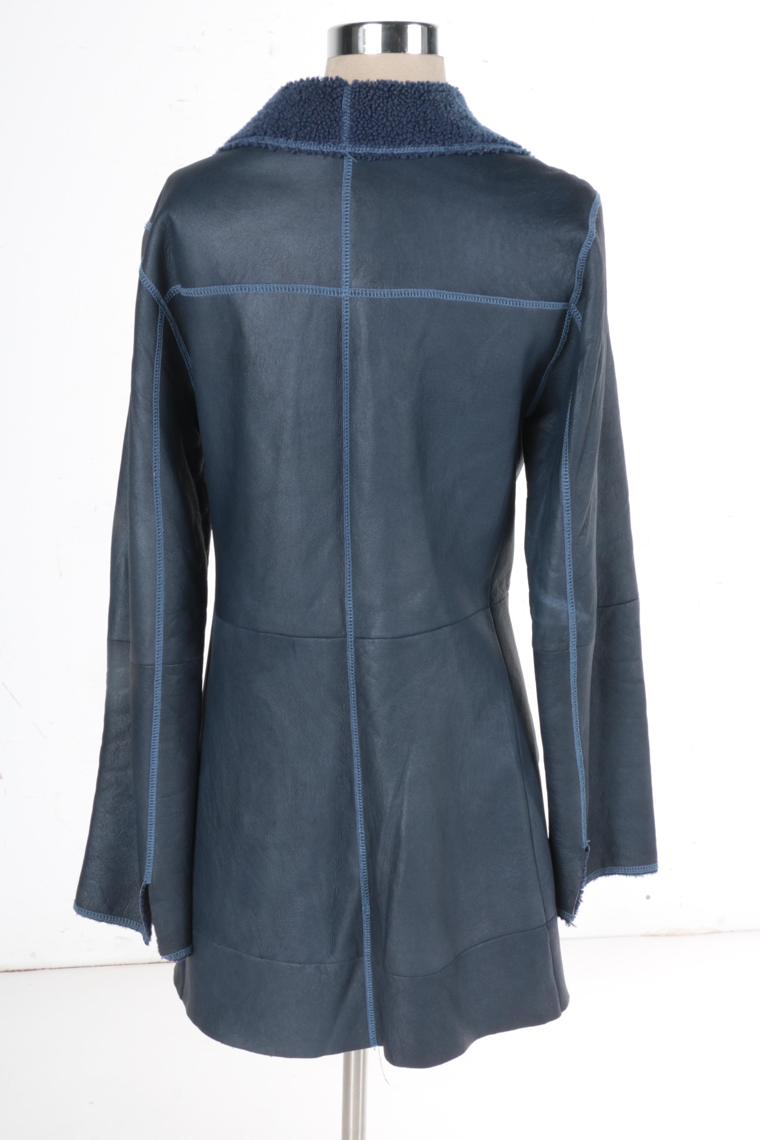 Women's Rosa Mori Irma Paytler Navy Blue Leather and Shearling Coat
