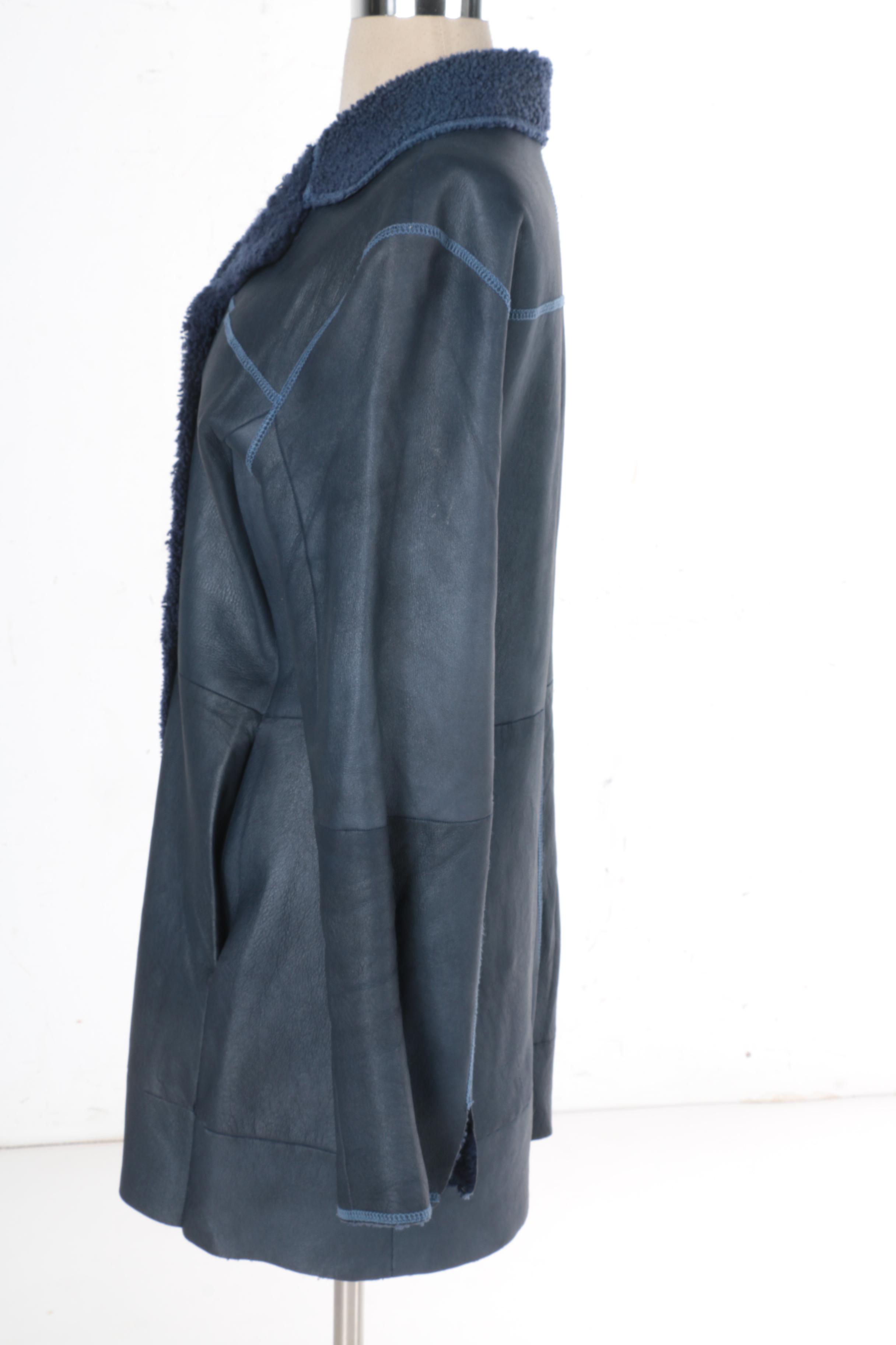 Women's Rosa Mori Irma Paytler Navy Blue Leather and Shearling Coat