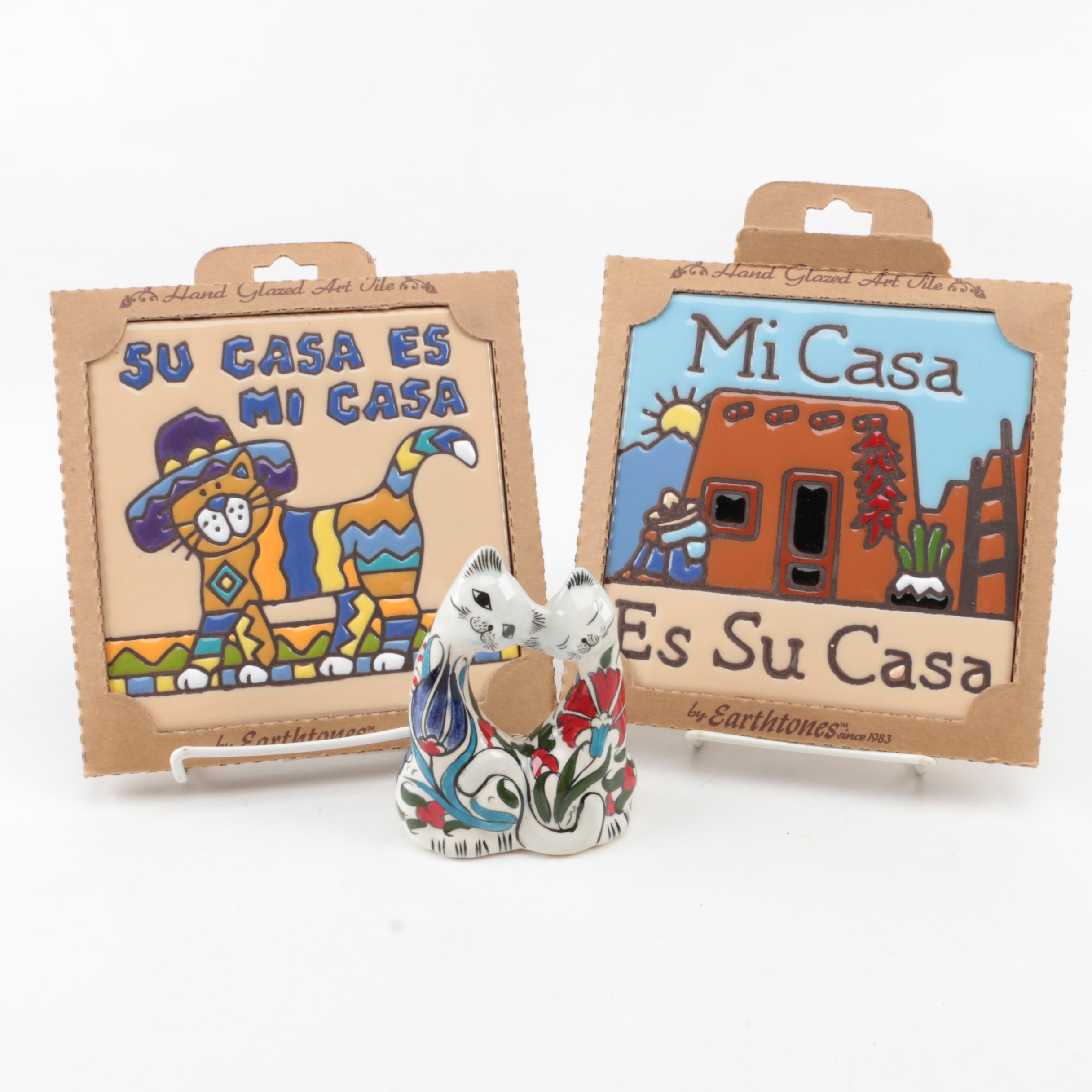 Hand Glazed Mexican Art Tiles and Talavera Style Cat Figurines