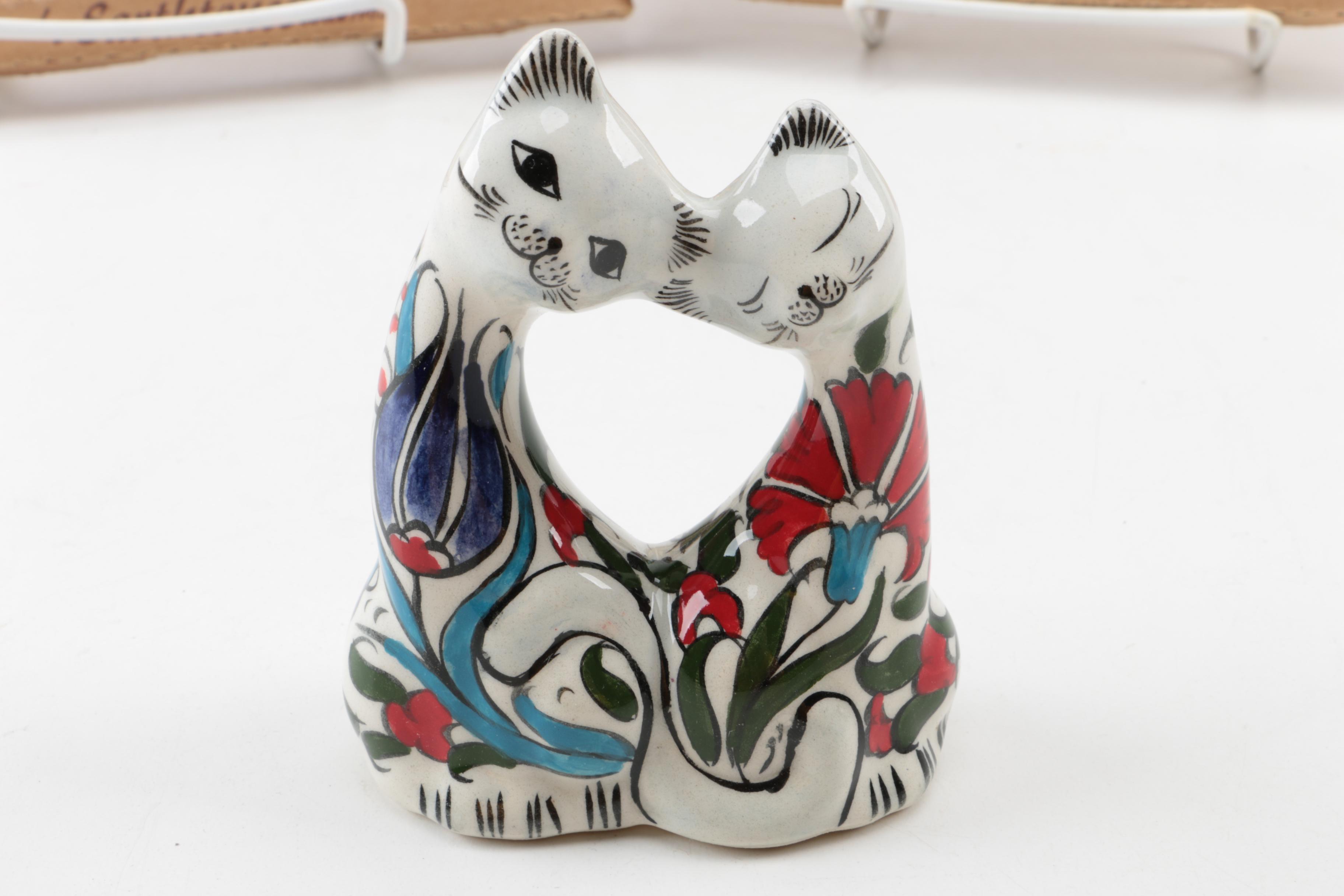 Hand Glazed Mexican Art Tiles and Talavera Style Cat Figurines