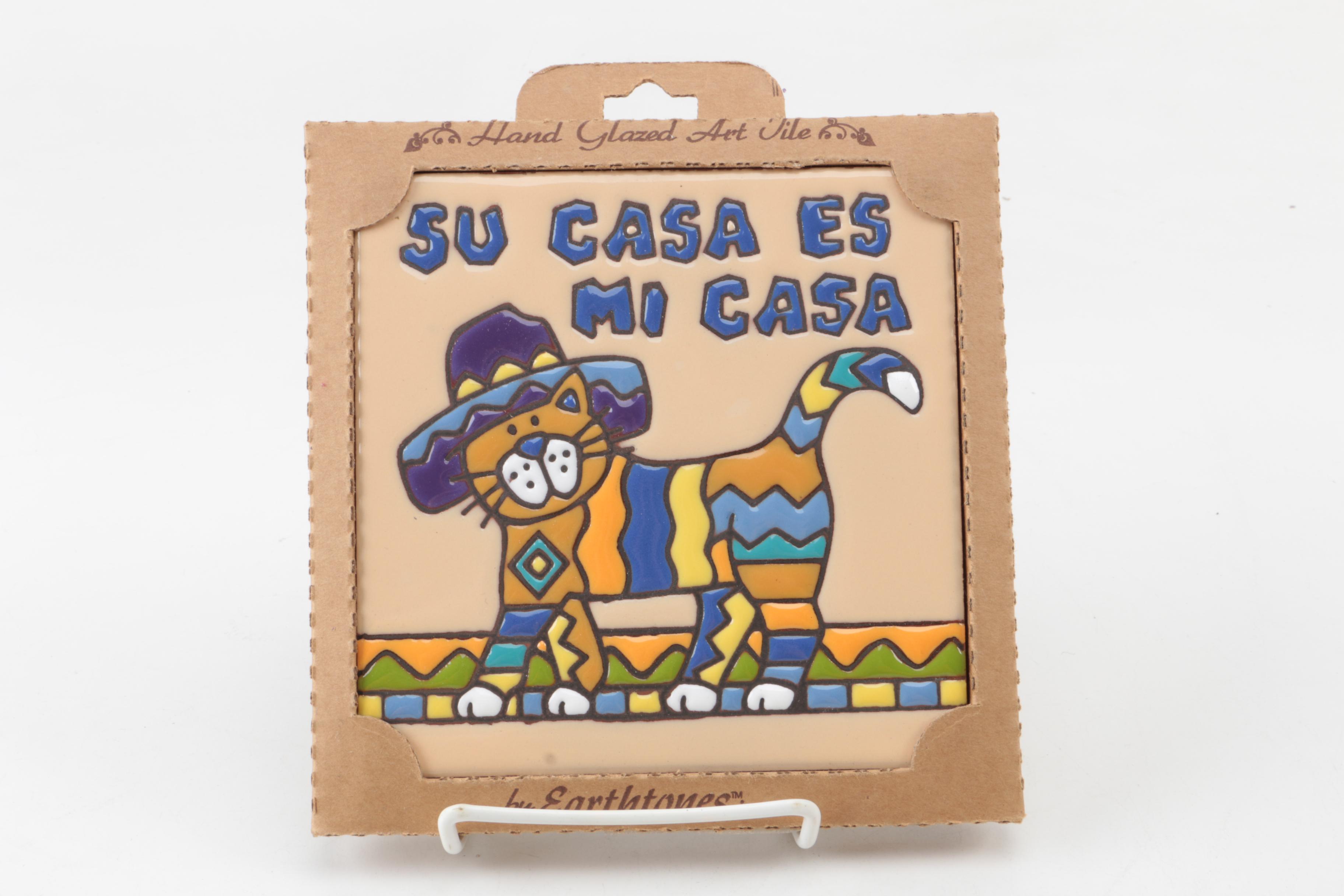 Hand Glazed Mexican Art Tiles and Talavera Style Cat Figurines
