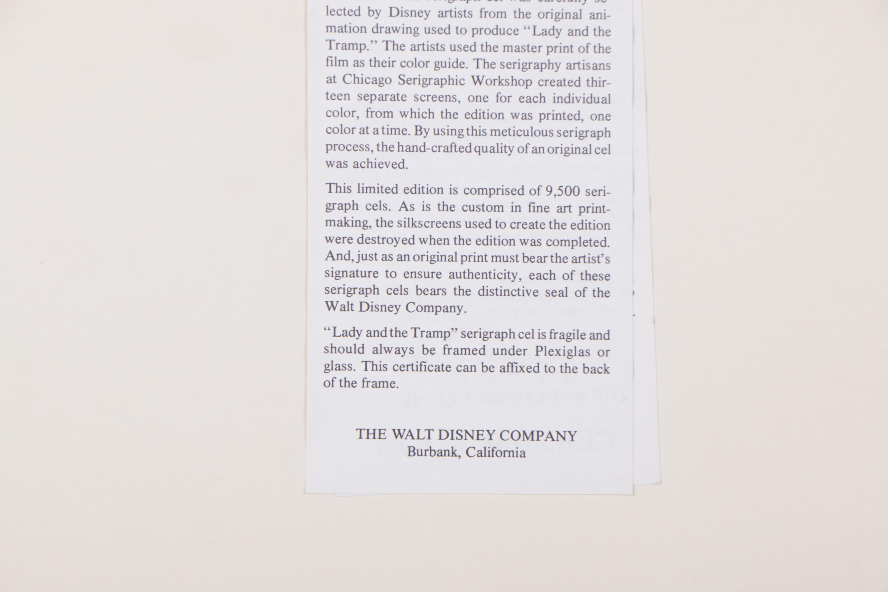 Walt Disney Company Limited Edition Animation Cel "Lady and the Tramp"