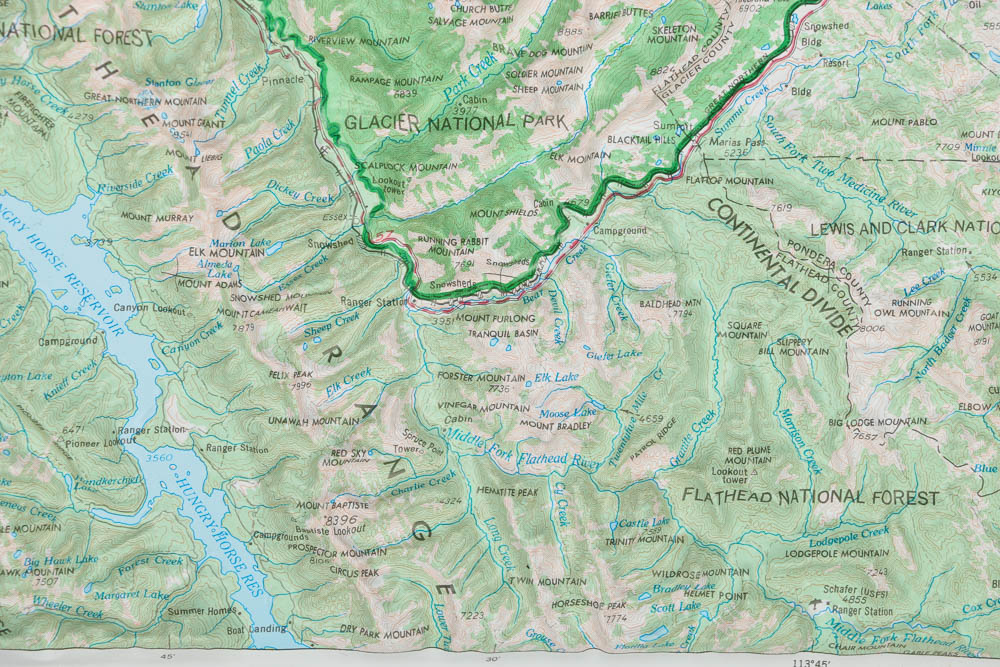 Embossed Offset Lithograph Map of Flathead National Forest Glacier