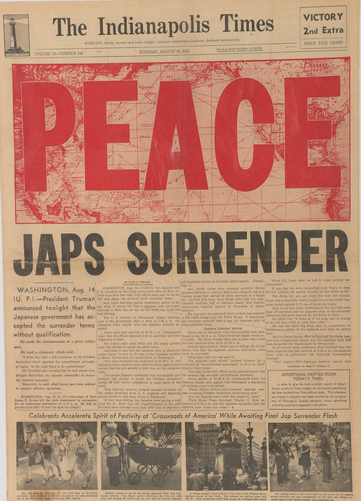 "The Indianapolis Times" Newspaper with Headline "Peace: Japs Surrender"
