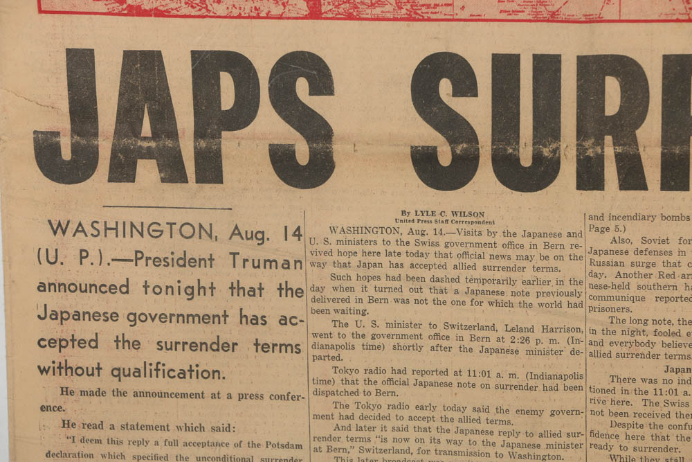 "The Indianapolis Times" Newspaper with Headline "Peace: Japs Surrender"