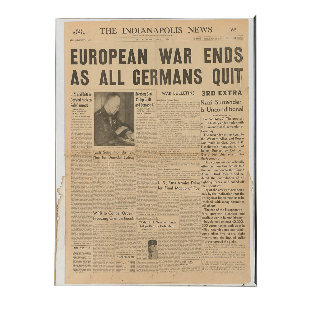 1945 "The Indianapolis News" Newspaper Centering End of WWII