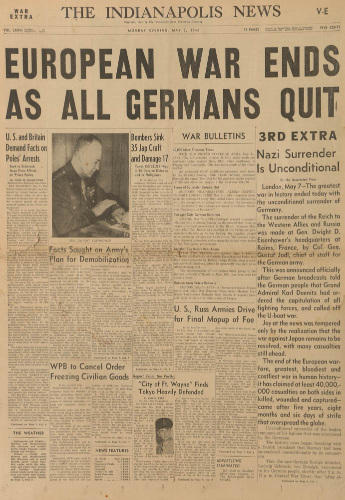 1945 "The Indianapolis News" Newspaper Centering End of WWII