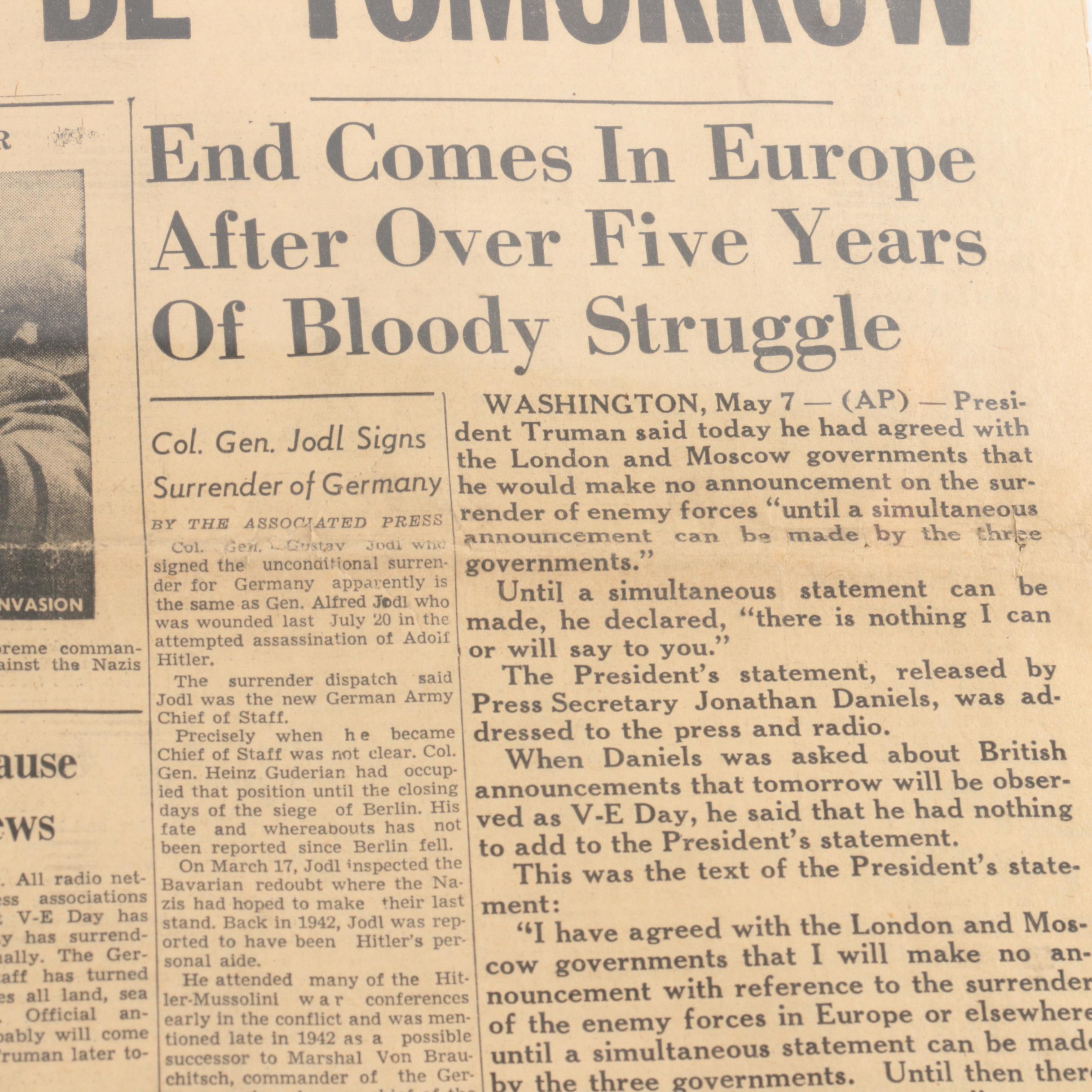 Framed May 7, 1945 Newspaper