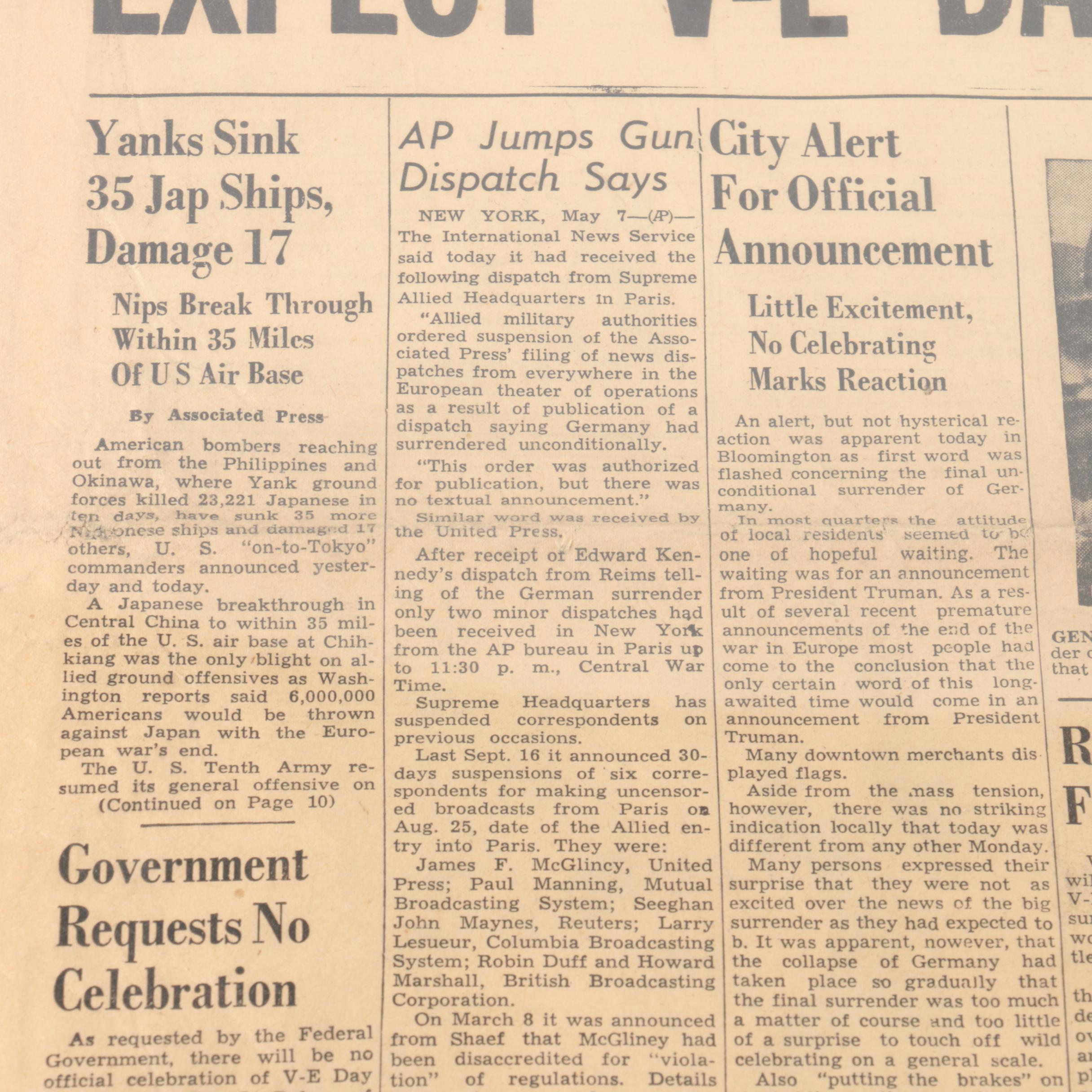 Framed May 7, 1945 Newspaper