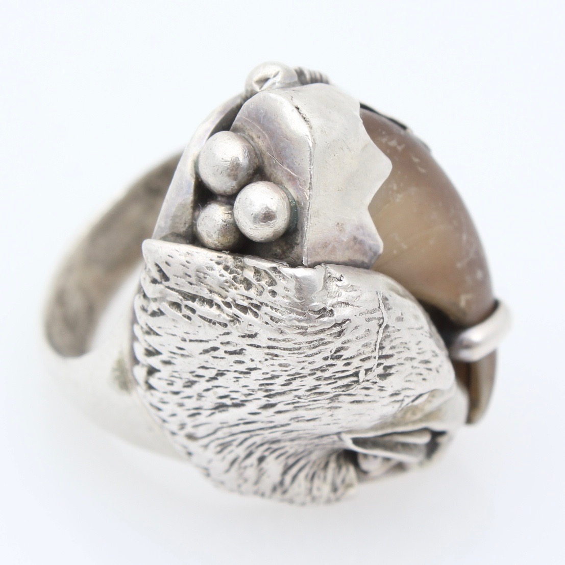 Vernon Begay Navajo Diné Sterling Silver Eagle Ring with Black Bear Claw