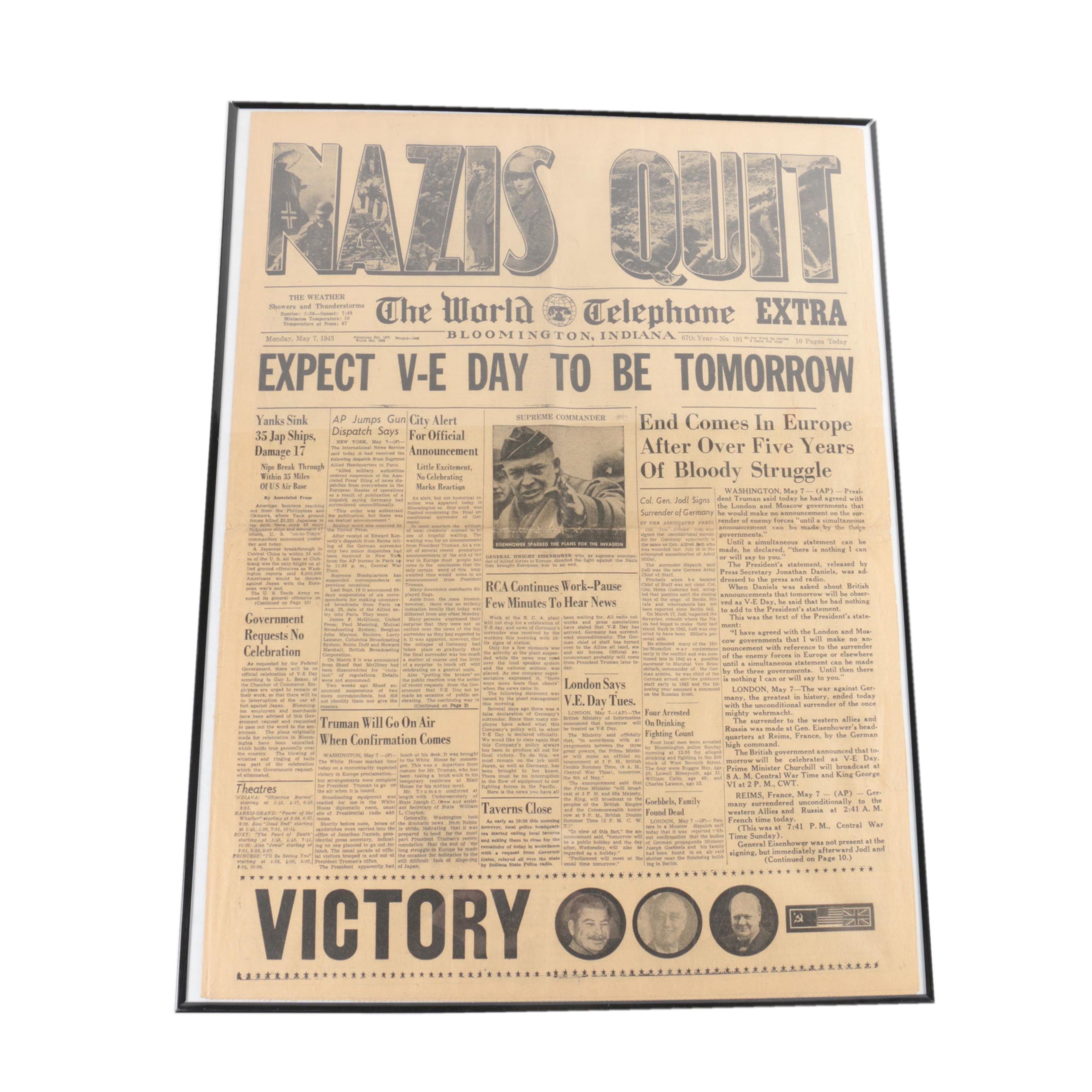Framed May 7, 1945 Newspaper
