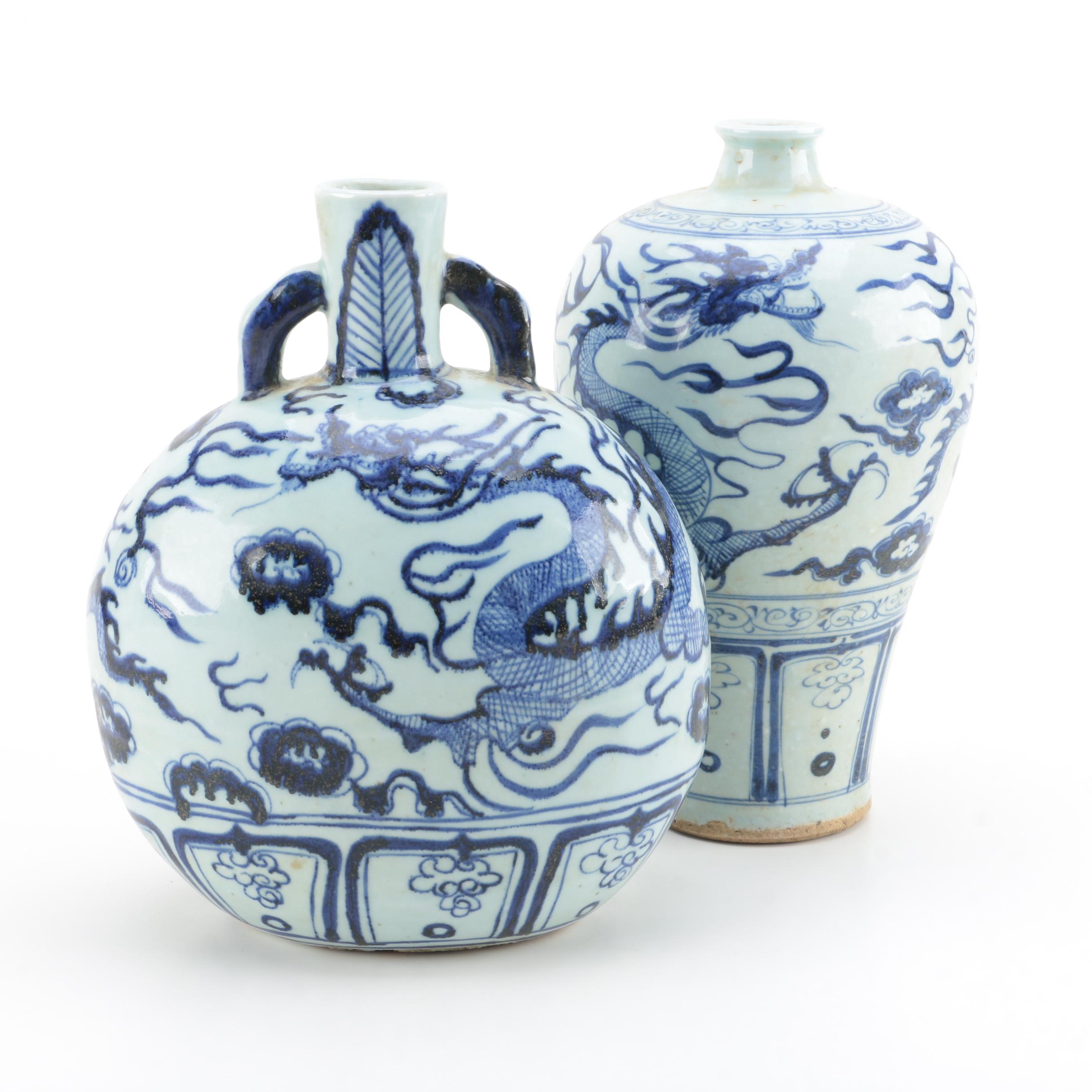Chinese Blue and White Ceramic Dragon Vases