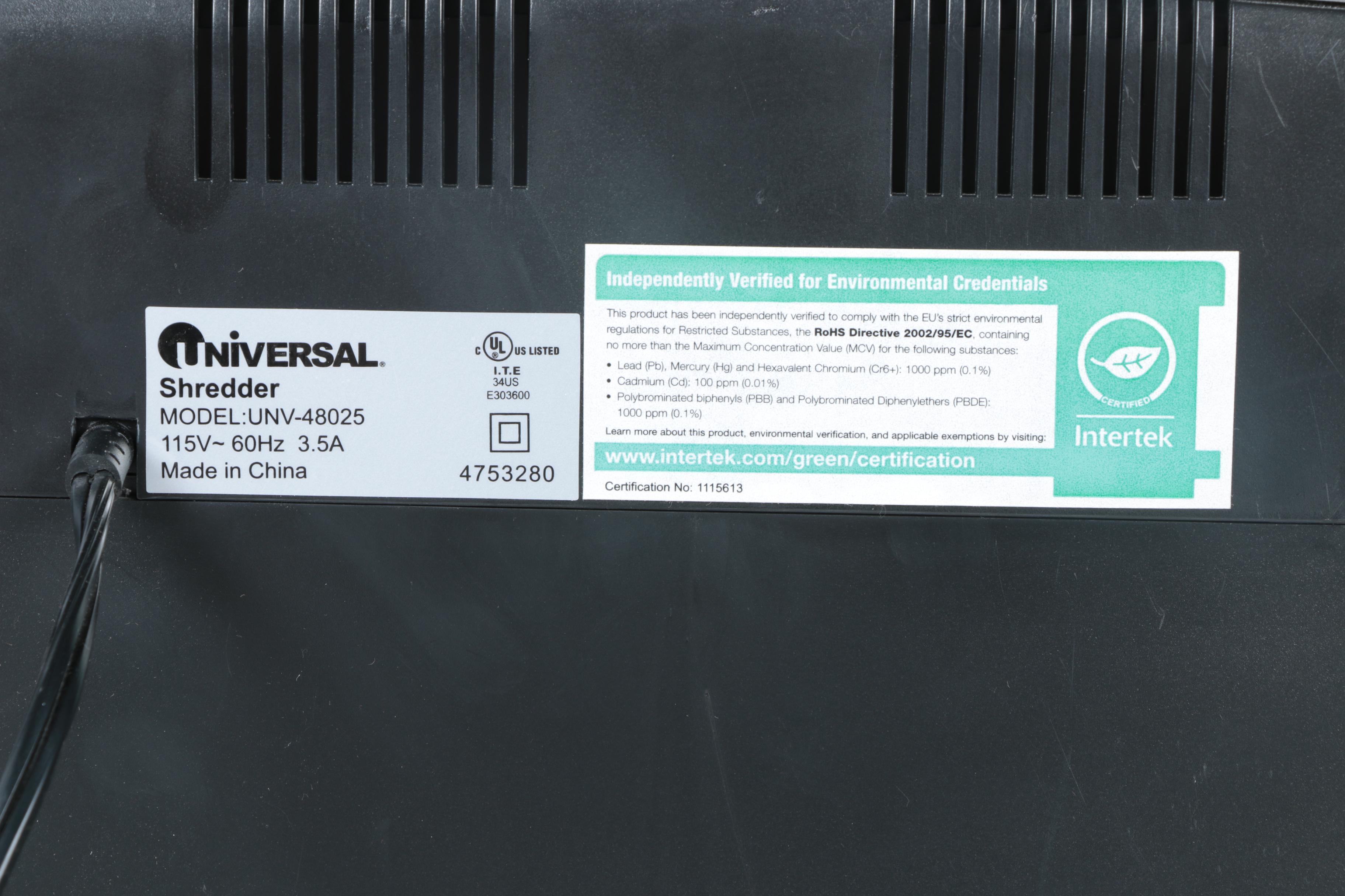 Universal 25 Sheet Capacity Paper Shredder Model UNV-48025