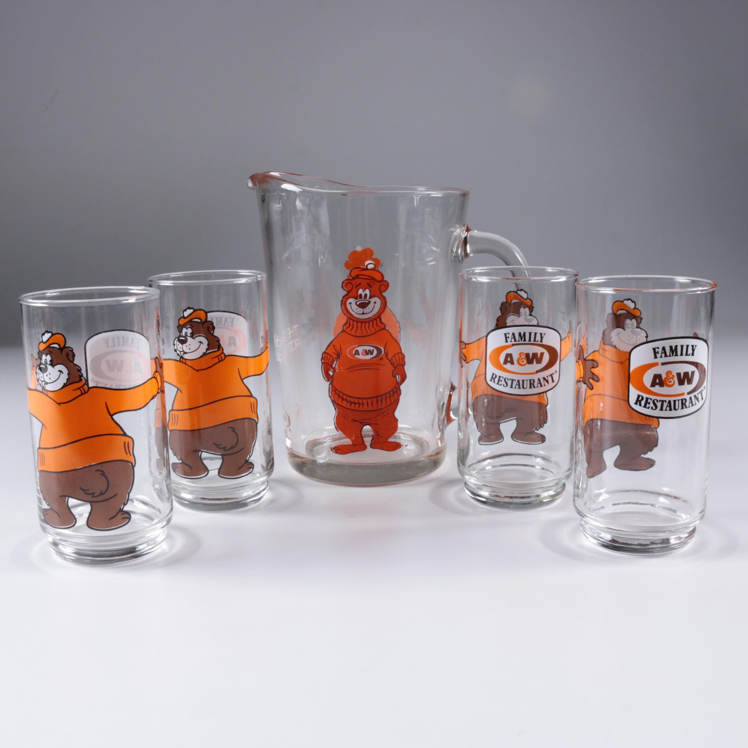 Vintage A&W Restaurant "Rooty" Glasses and Pitcher