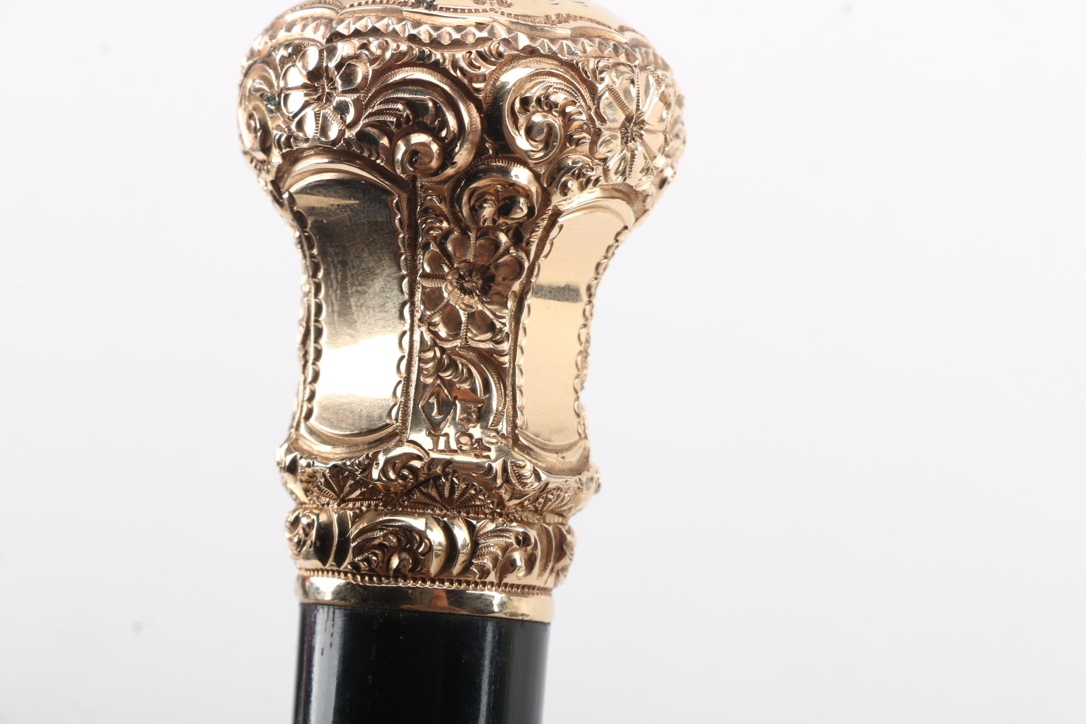 Antique Black Cane With Ornate 14K Gold Handle
