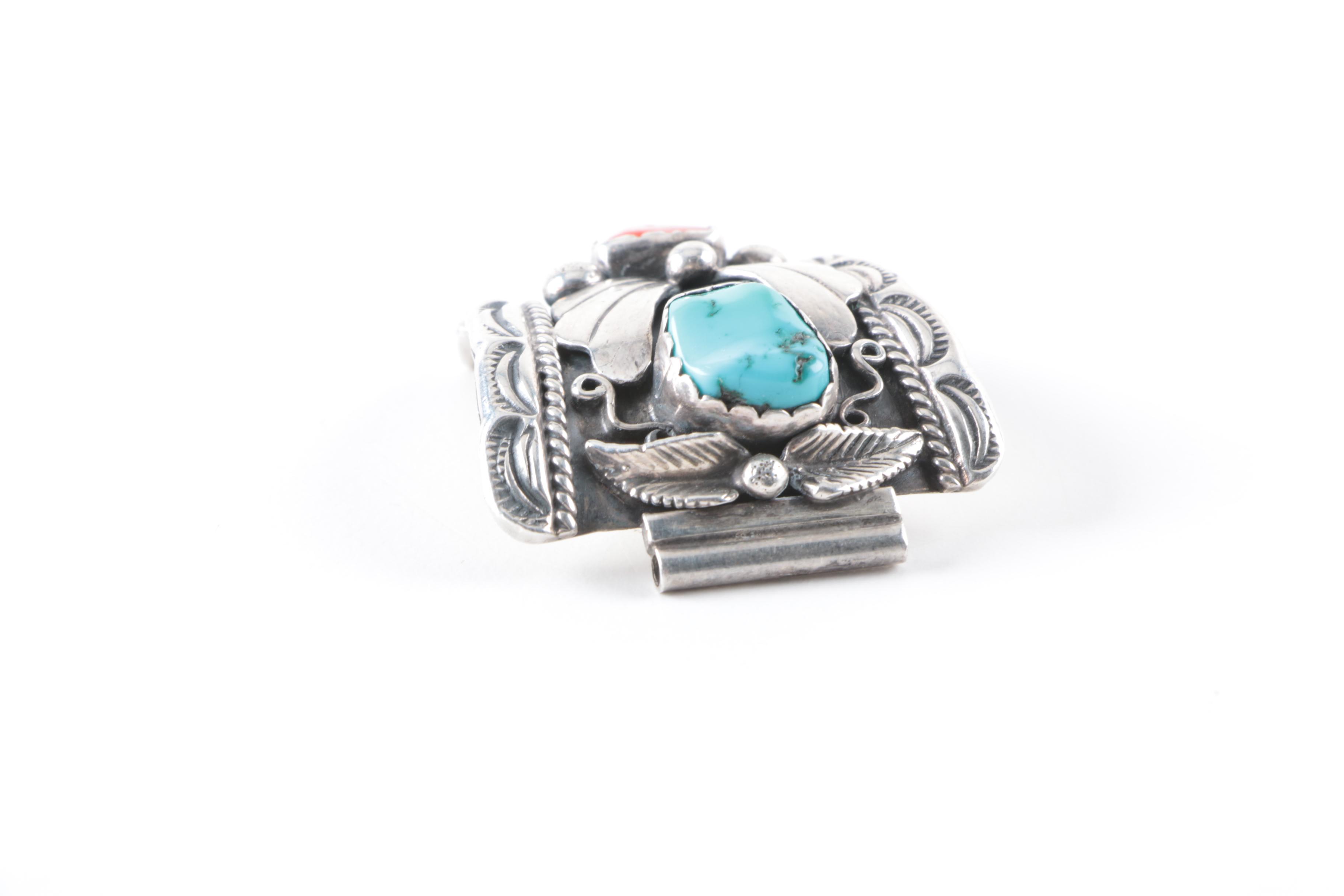 Sterling Silver, Turquoise and Coral Southwestern Style Watch Band Links