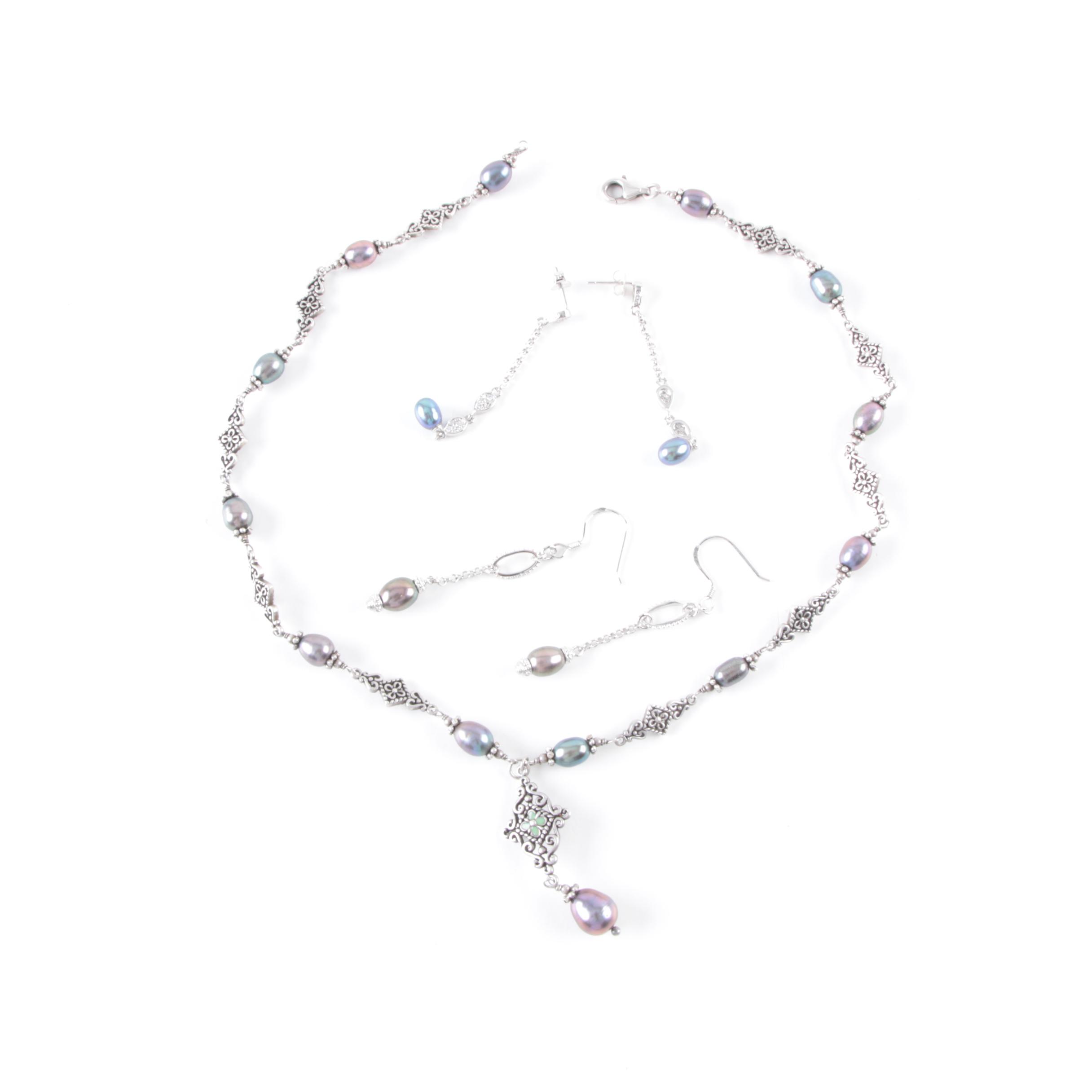 Sterling Silver Necklace and Earrings with Cultured Pearl