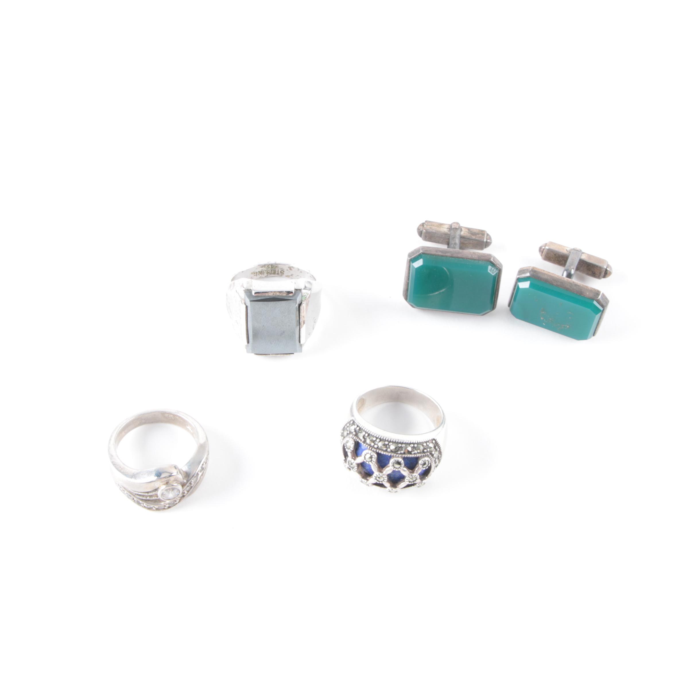 Grouping of Sterling Silver Rings and Cuff Links