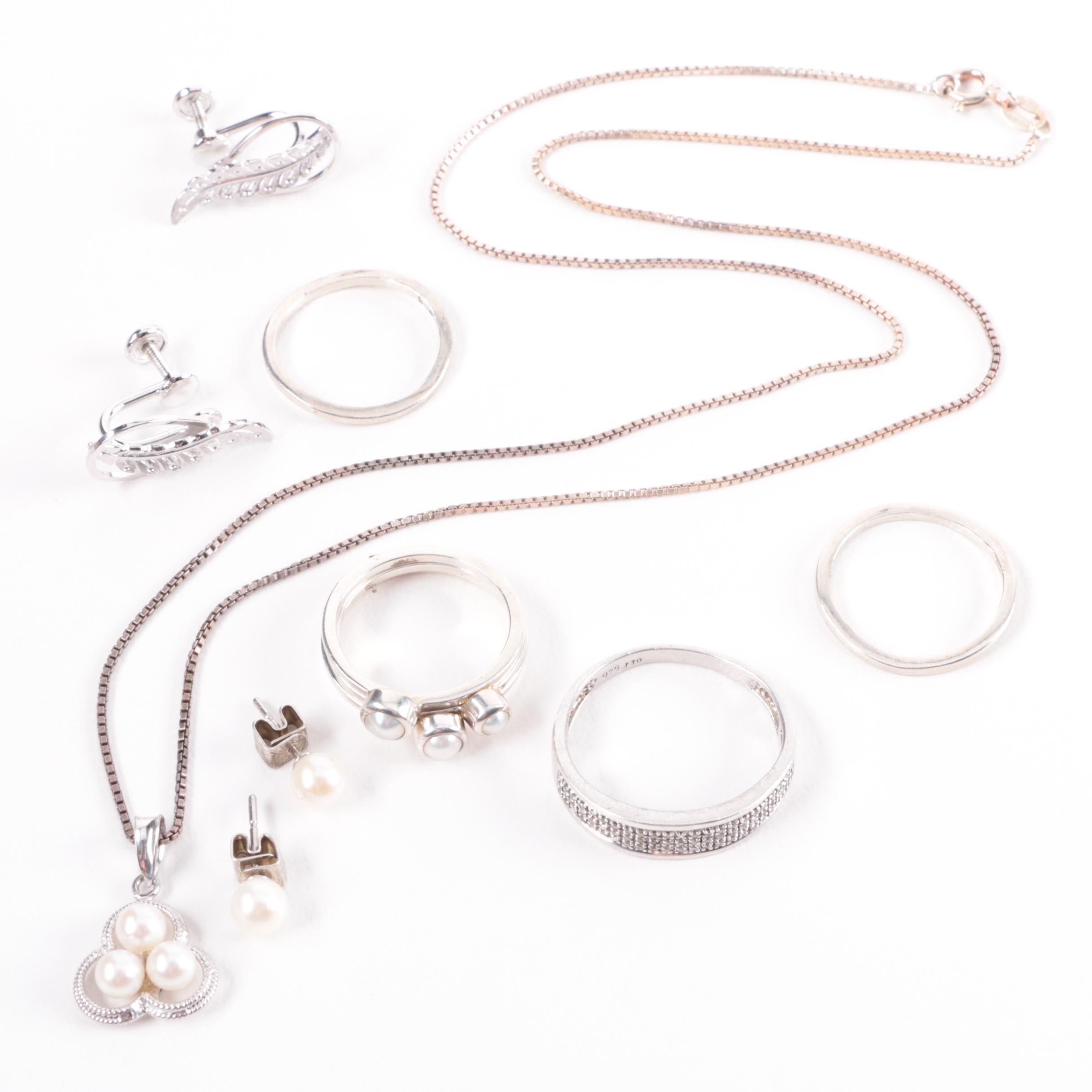 Grouping of Sterling Silver Jewelry Including Diamonds and Pearls