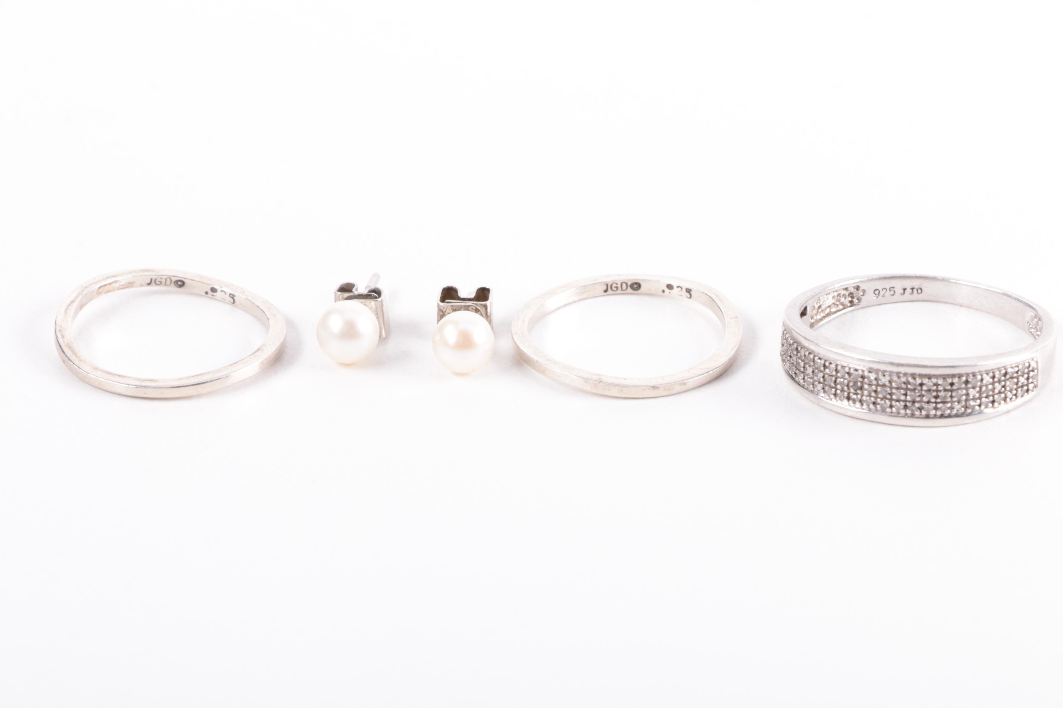 Grouping of Sterling Silver Jewelry Including Diamonds and Pearls