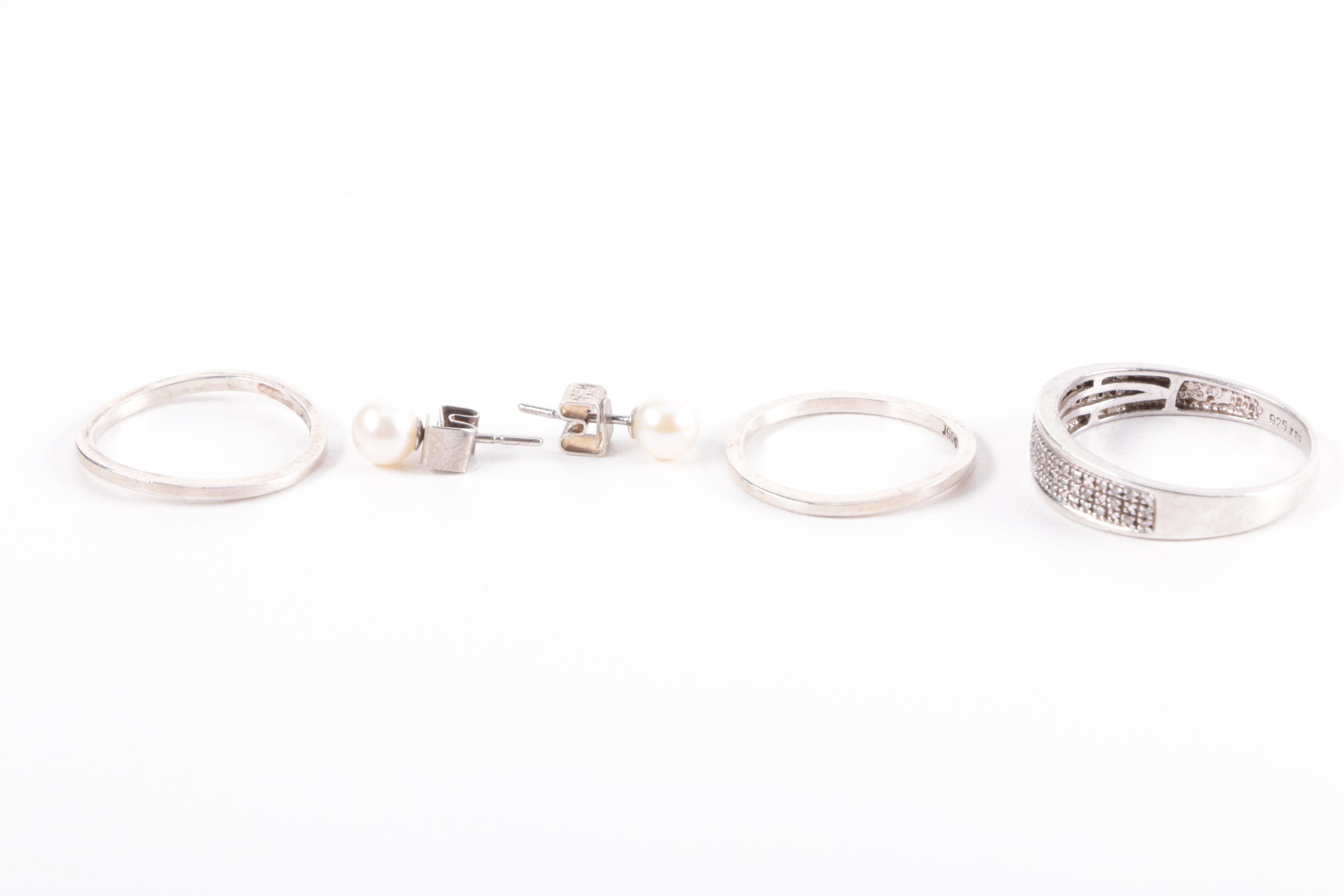 Grouping of Sterling Silver Jewelry Including Diamonds and Pearls