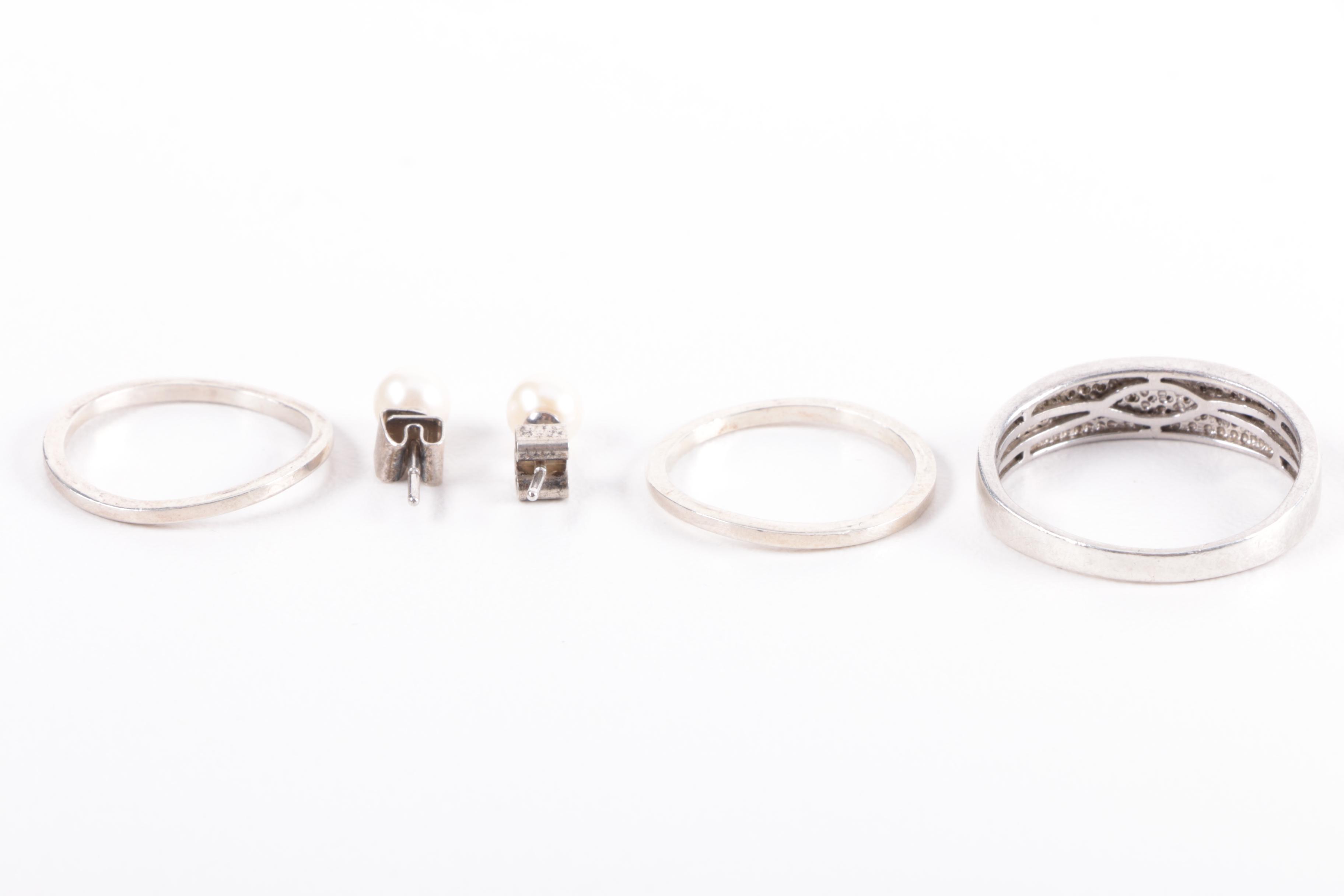 Grouping of Sterling Silver Jewelry Including Diamonds and Pearls