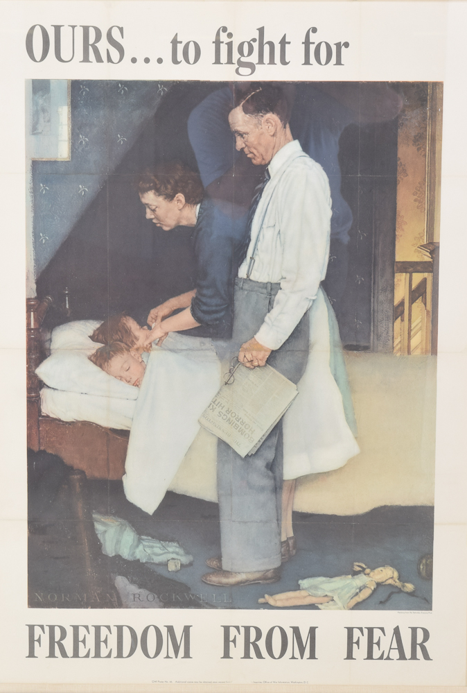 Vintage 1943 "Freedom From Fear" OWI Poster After Norman Rockwell