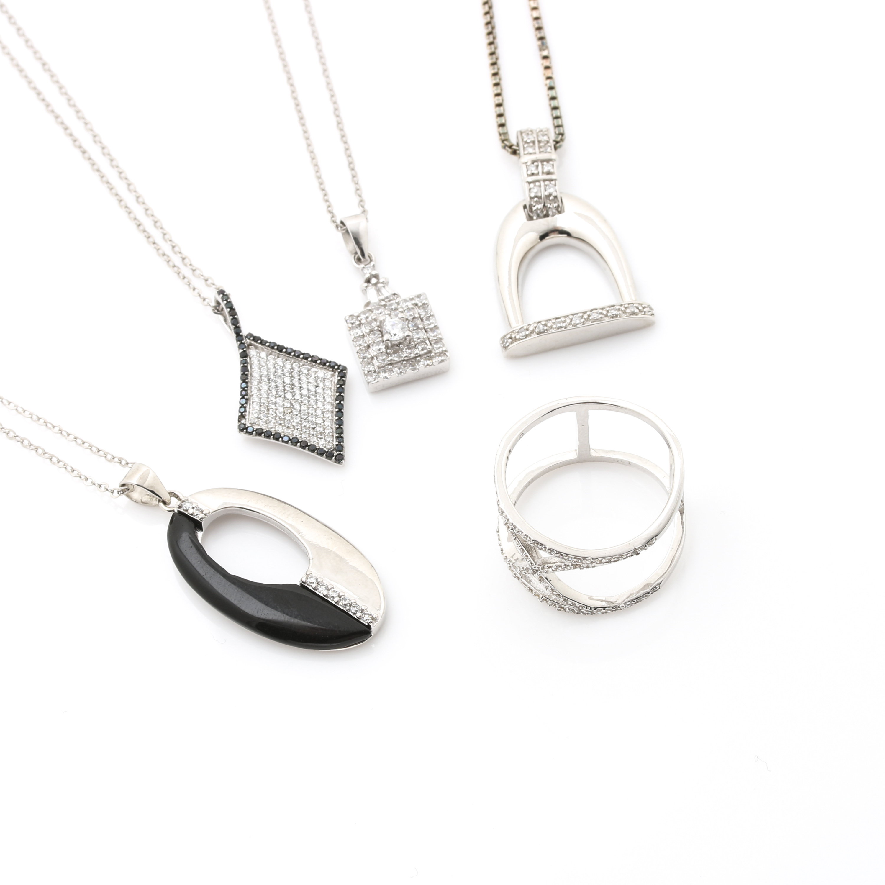 Sterling Silver Cubic Zirconia and Black Onyx Ring and Necklaces