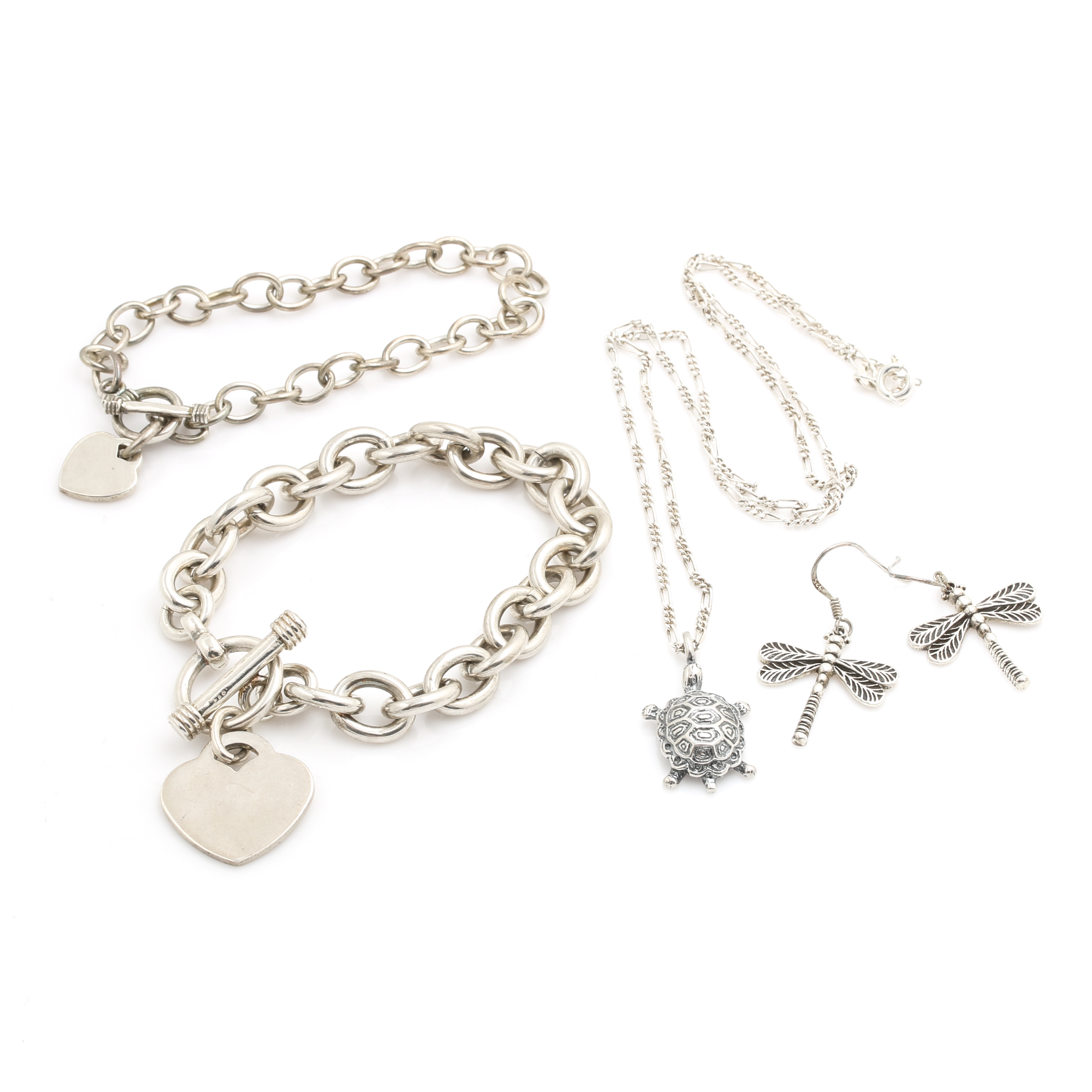 Sterling Silver Jewelry Featuring Figural Heart, Turtle and Dragonfly Motifs
