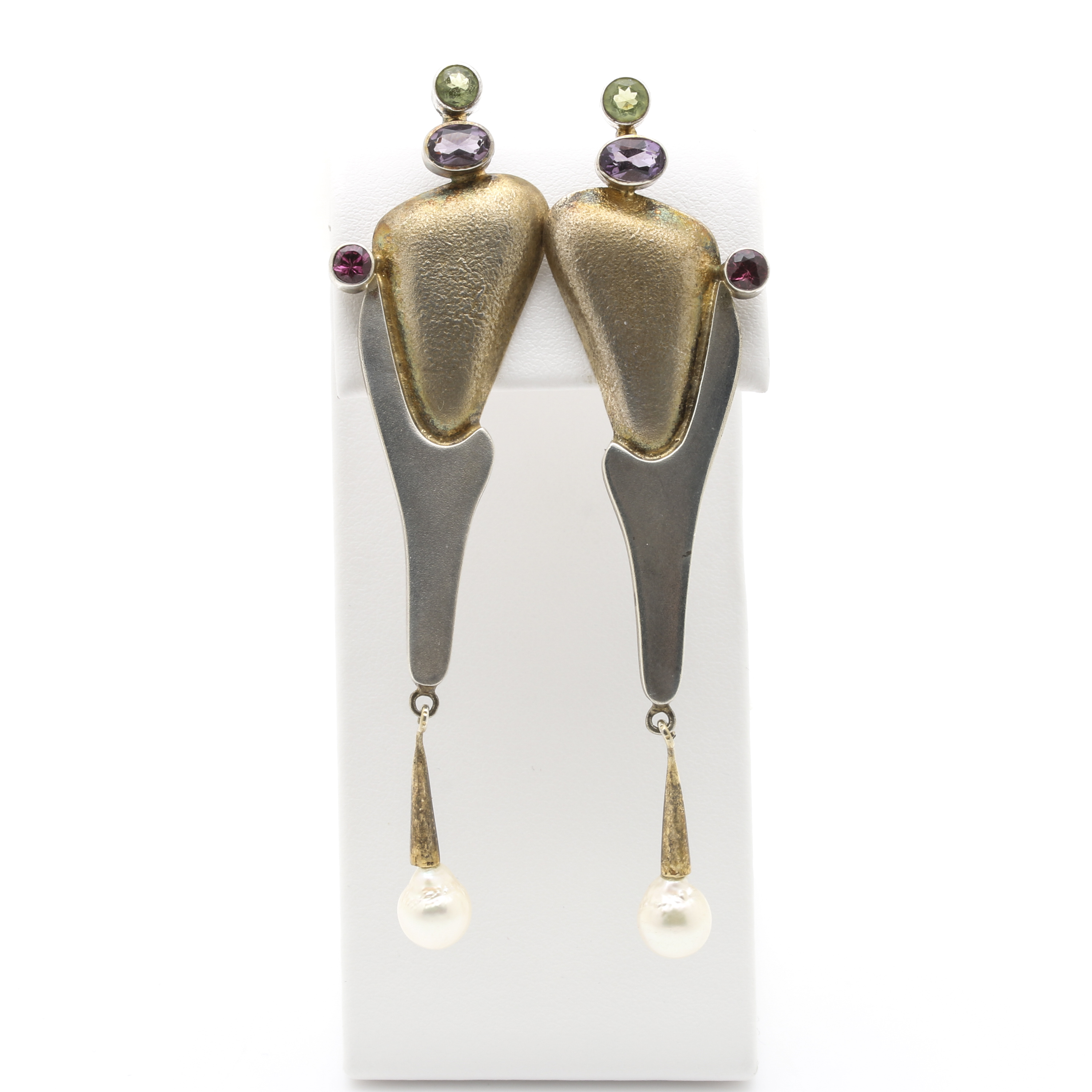 Contemporary Style Sterling Silver Peridot, Pearl, Amethyst and Garnet Earrings