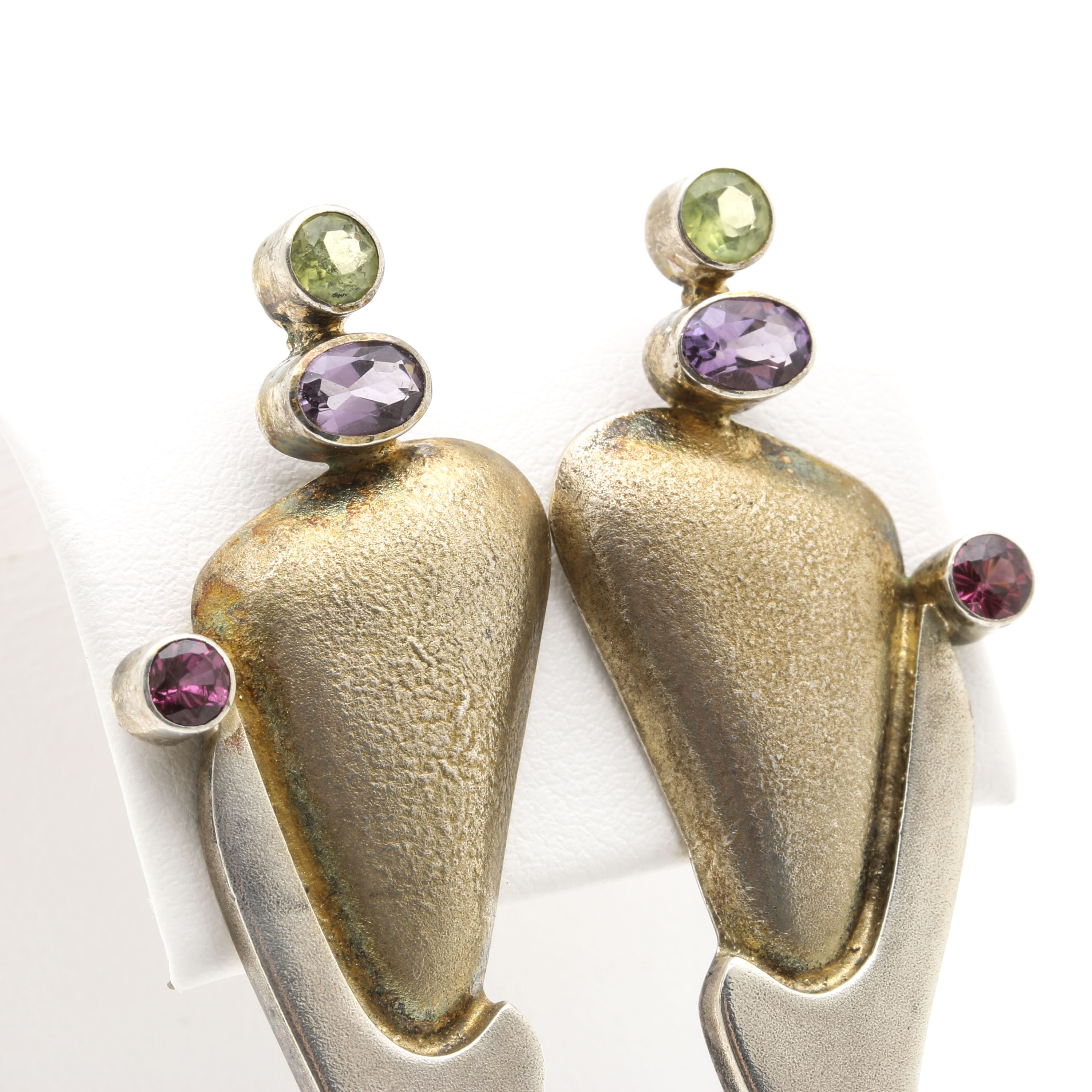 Contemporary Style Sterling Silver Peridot, Pearl, Amethyst and Garnet Earrings