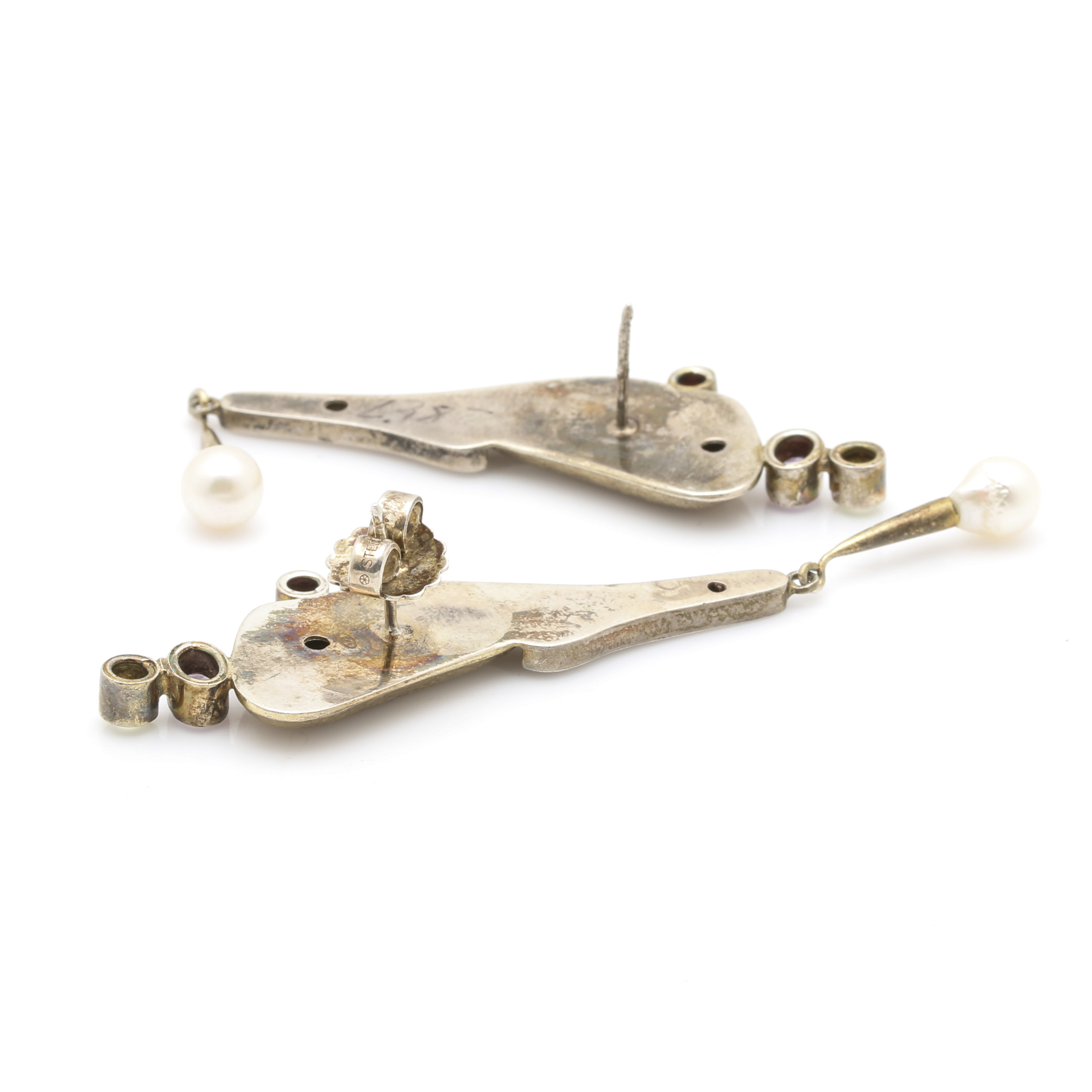 Contemporary Style Sterling Silver Peridot, Pearl, Amethyst and Garnet Earrings