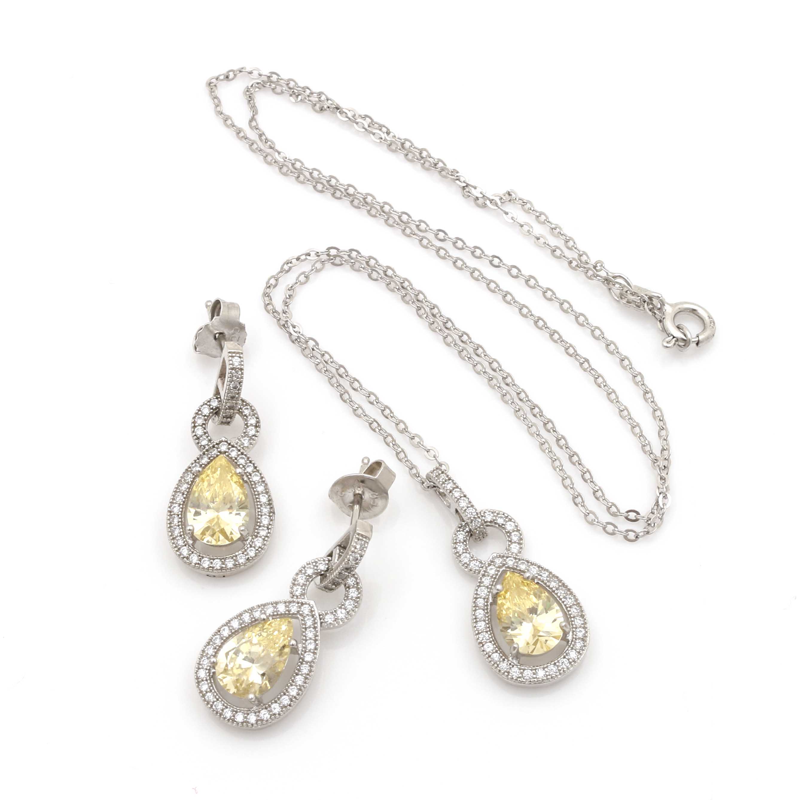 Sterling Silver Cubic Zirconia Earring and Necklace Ensemble