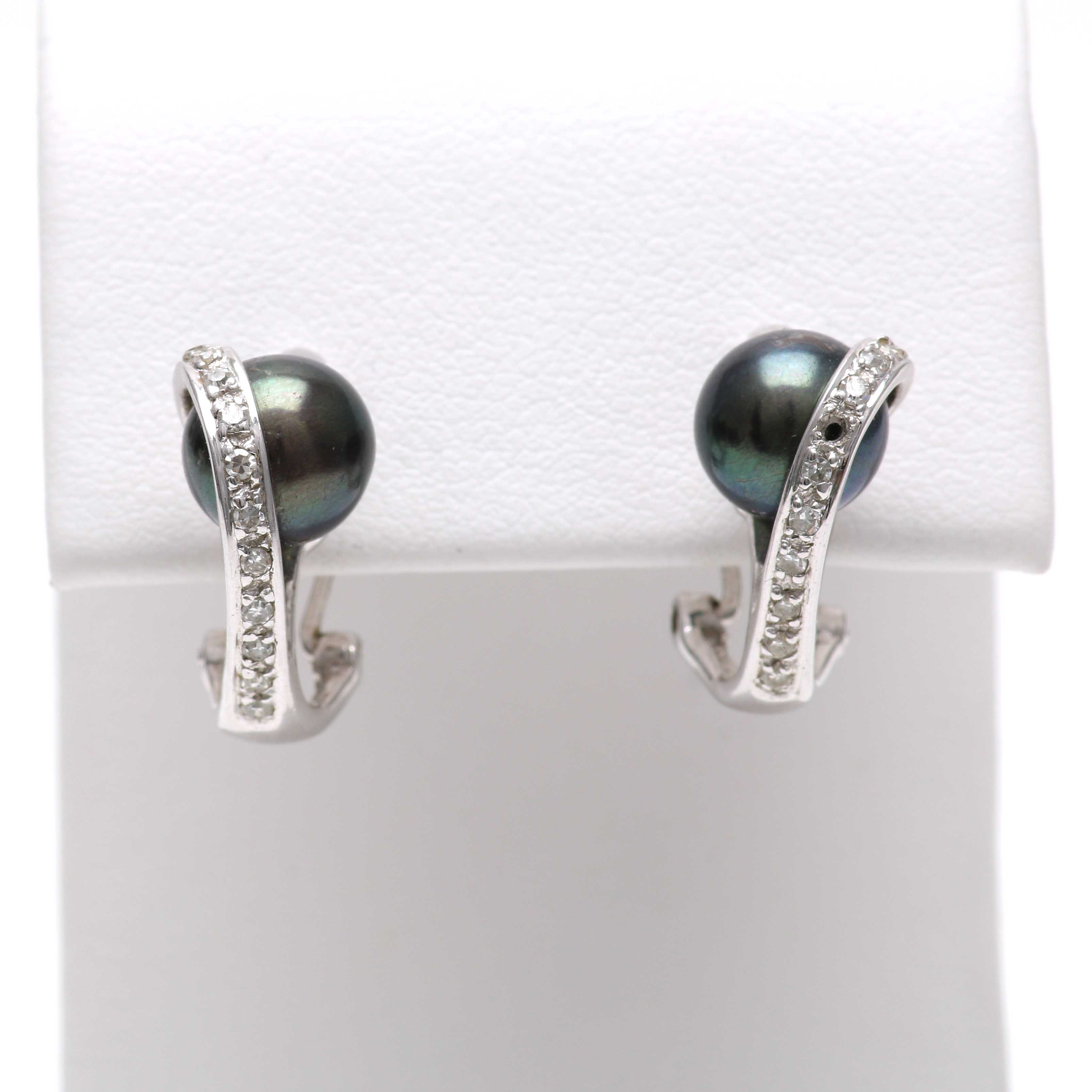 14K White Gold Cultured Black Pearl and Diamond Earrings