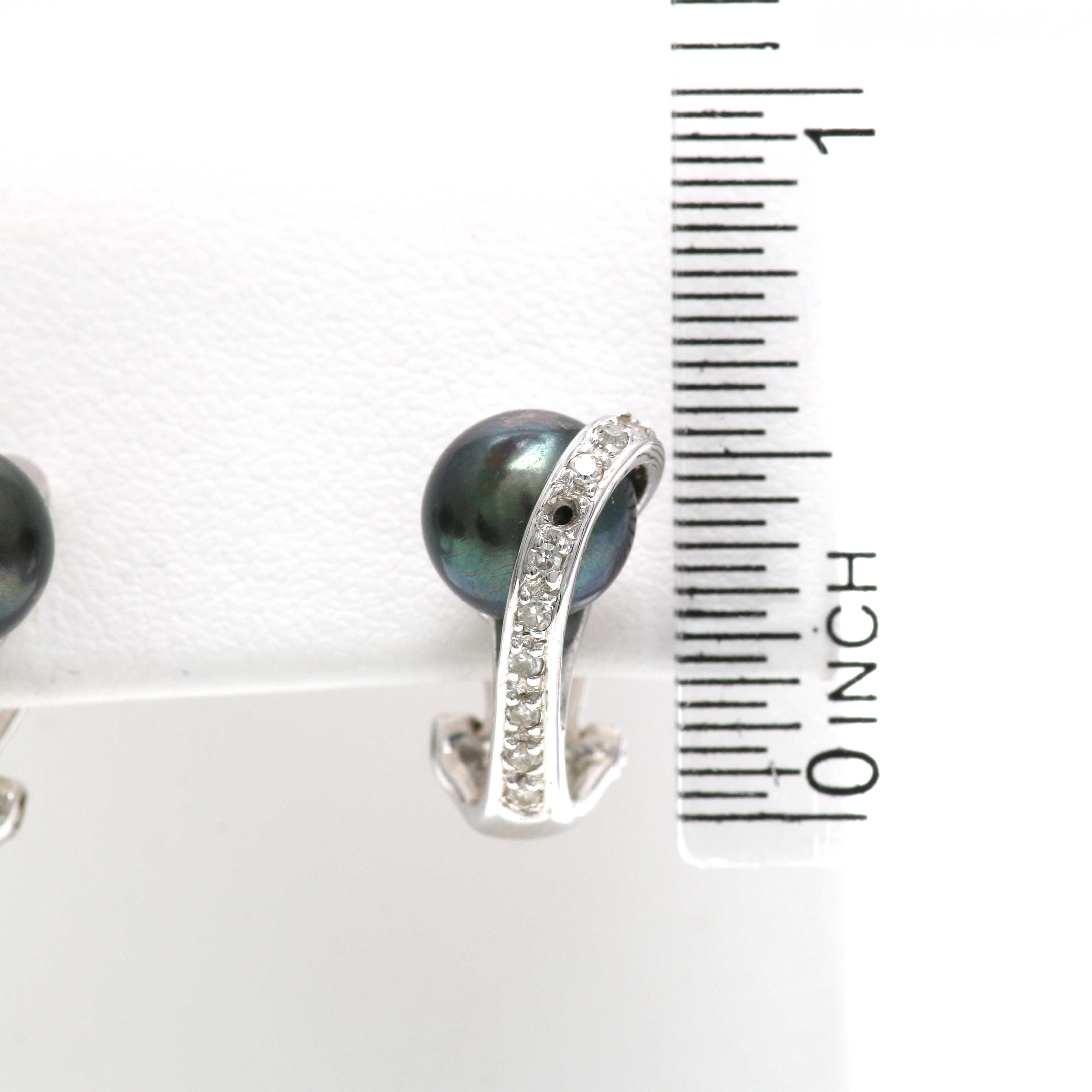 14K White Gold Cultured Black Pearl and Diamond Earrings