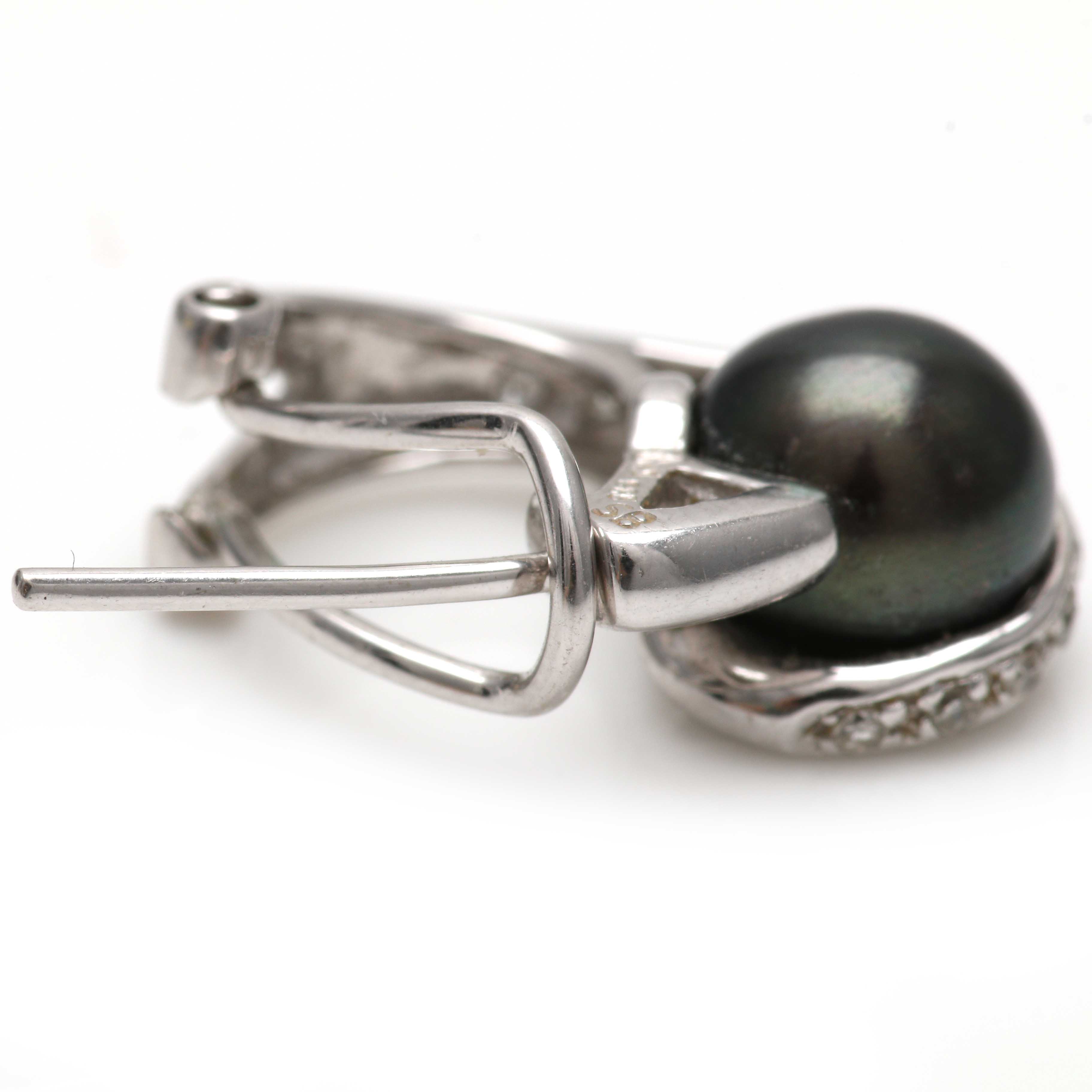 14K White Gold Cultured Black Pearl and Diamond Earrings