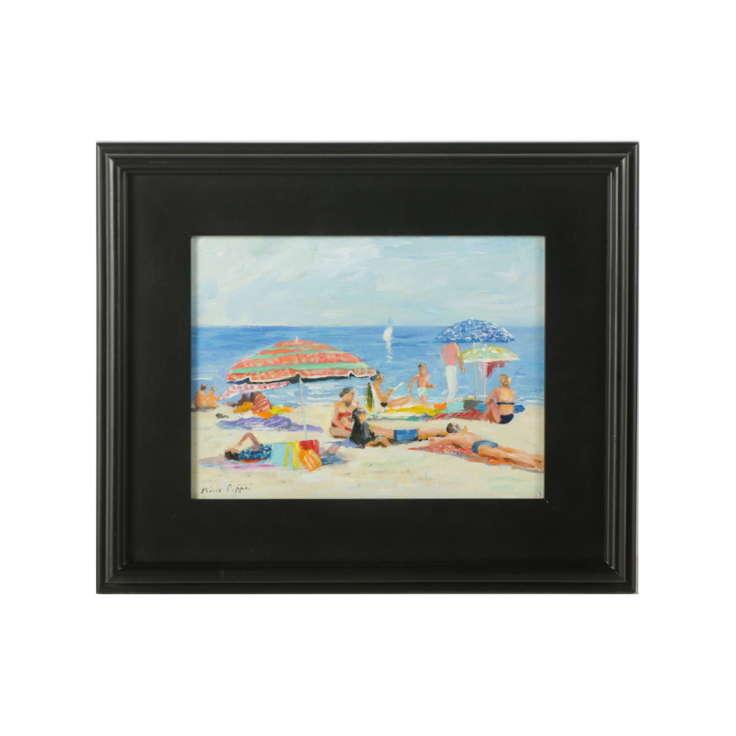 Nino Pippa Oil Painting on Board "French Riviera Beach Scene"