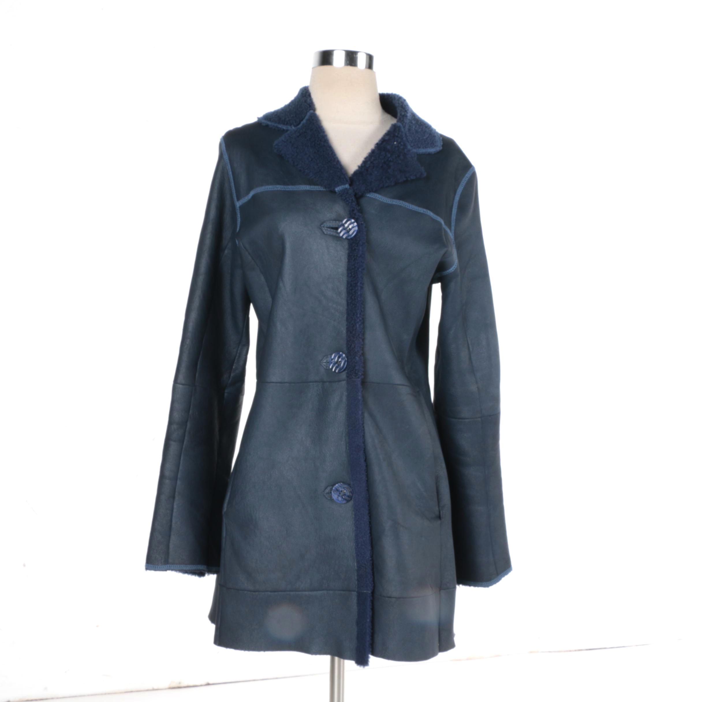Women's Rosa Mori Irma Paytler Navy Blue Leather and Shearling Coat