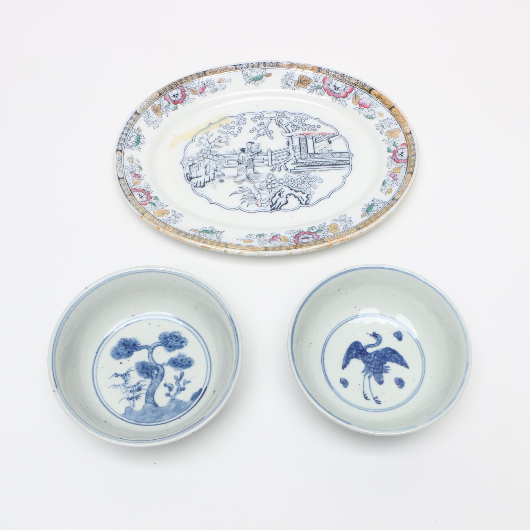 19th Century Hand-painted Bowls and Antique Ashworth Ironstone Platter