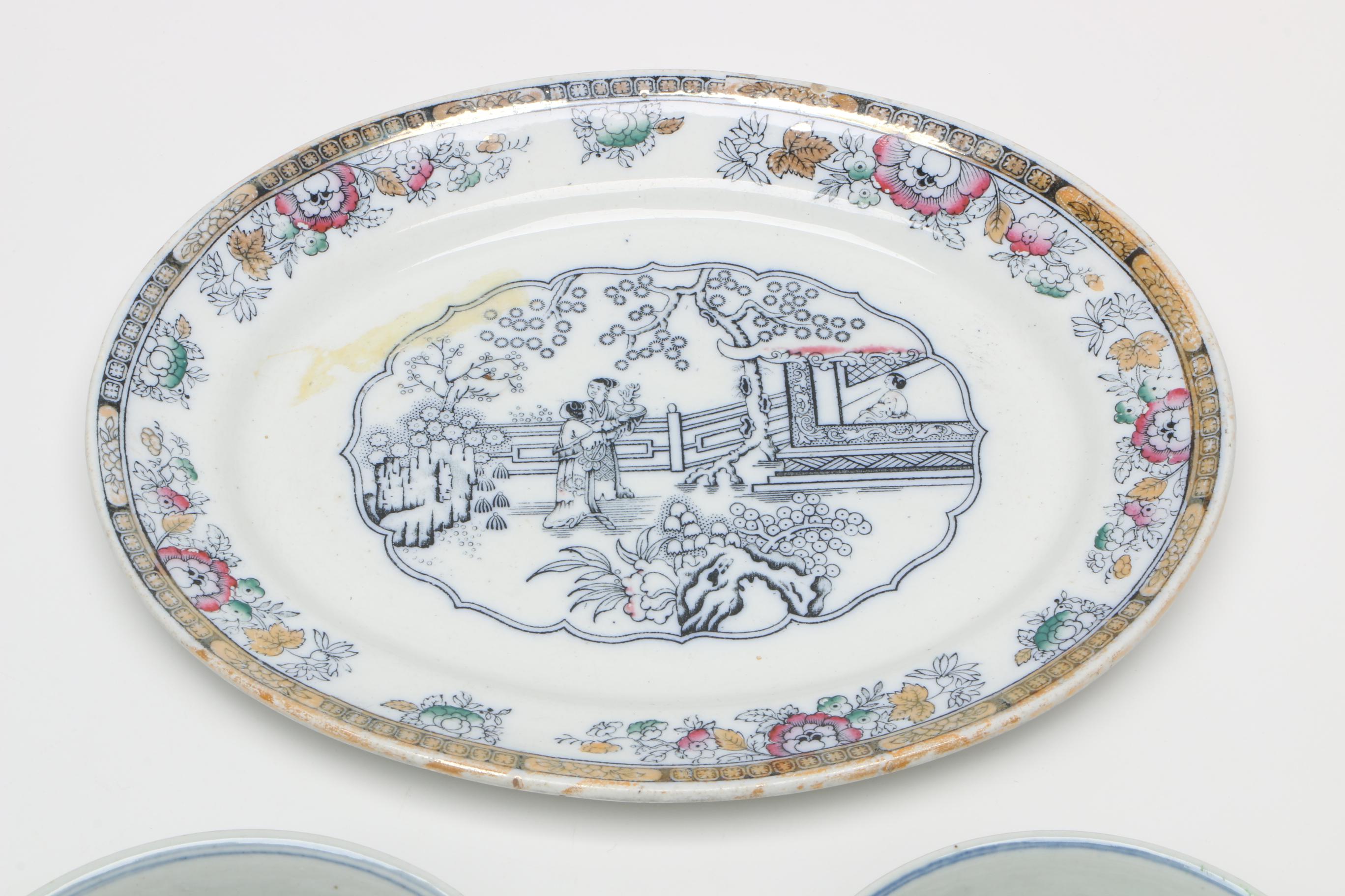19th Century Hand-painted Bowls and Antique Ashworth Ironstone Platter