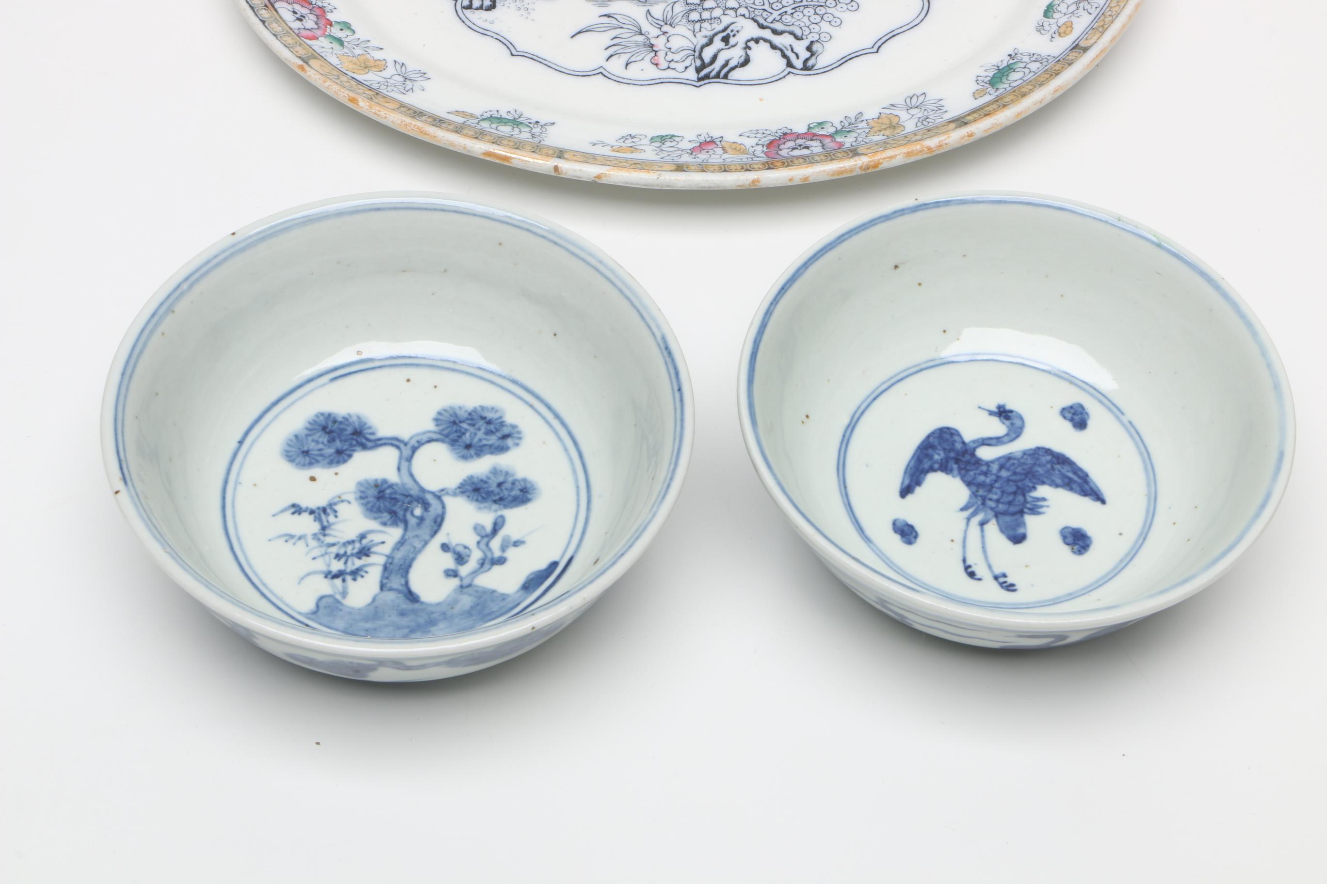 19th Century Hand-painted Bowls and Antique Ashworth Ironstone Platter