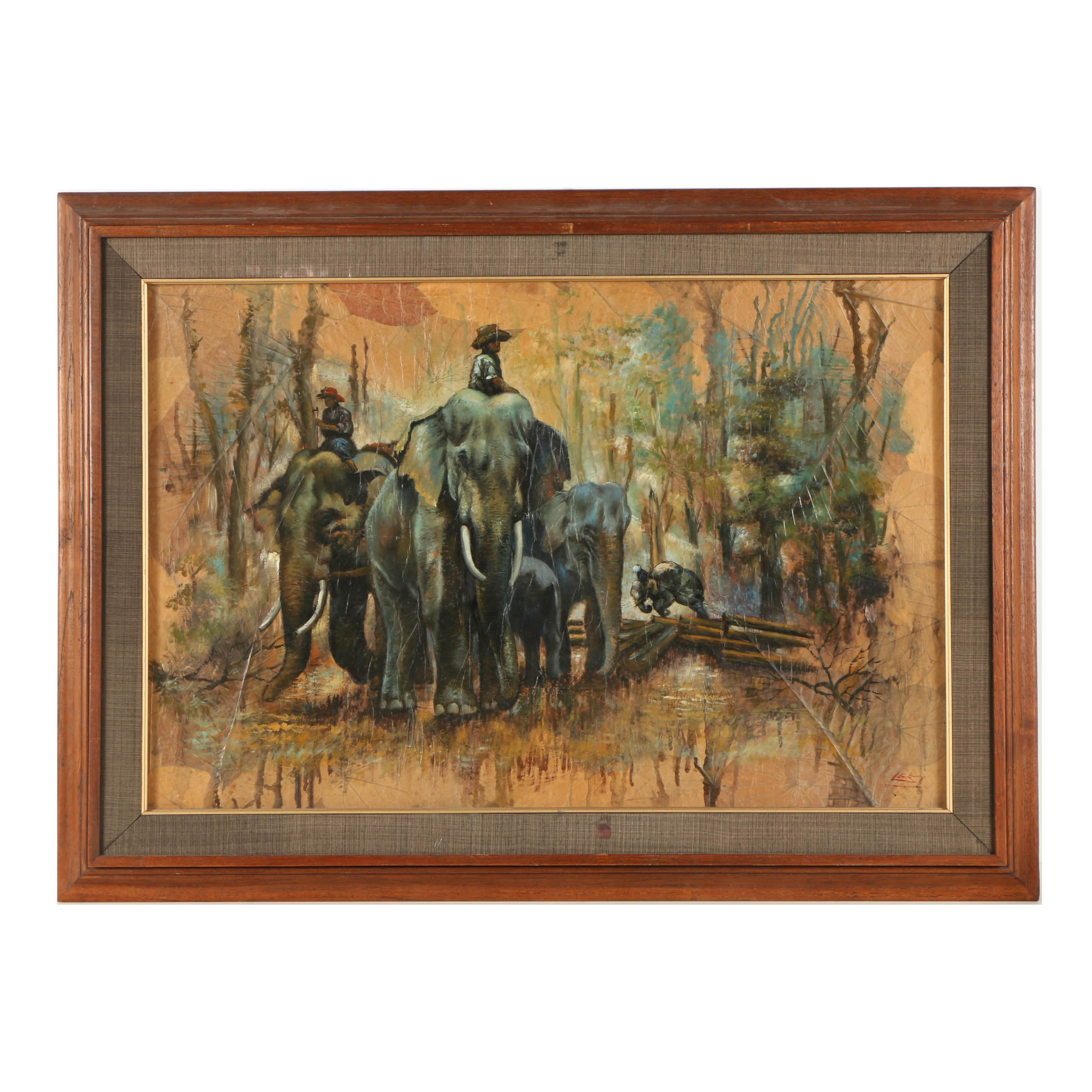 Lert Oil Painting on Leaves of Figures Riding Elephants