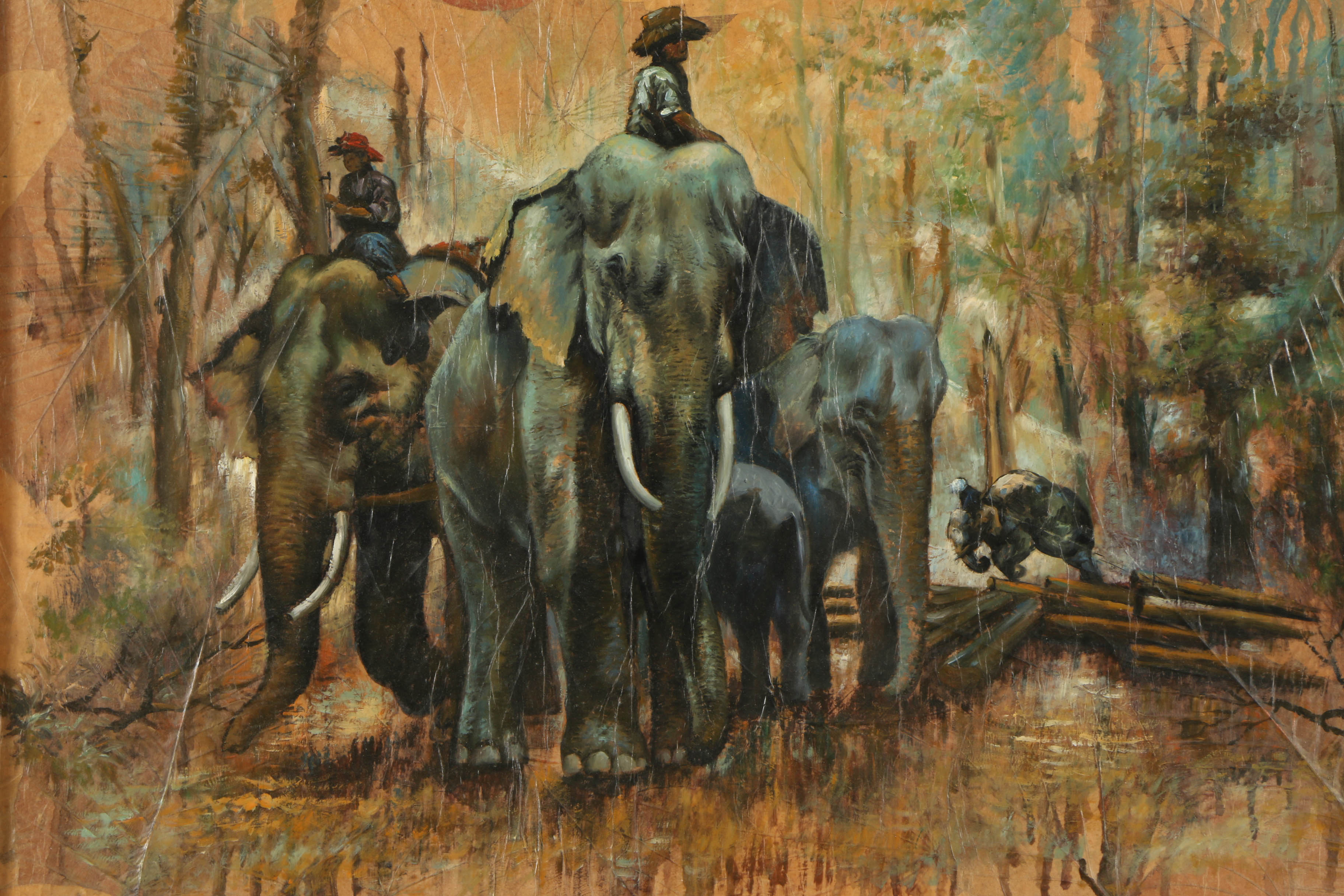 Lert Oil Painting on Leaves of Figures Riding Elephants