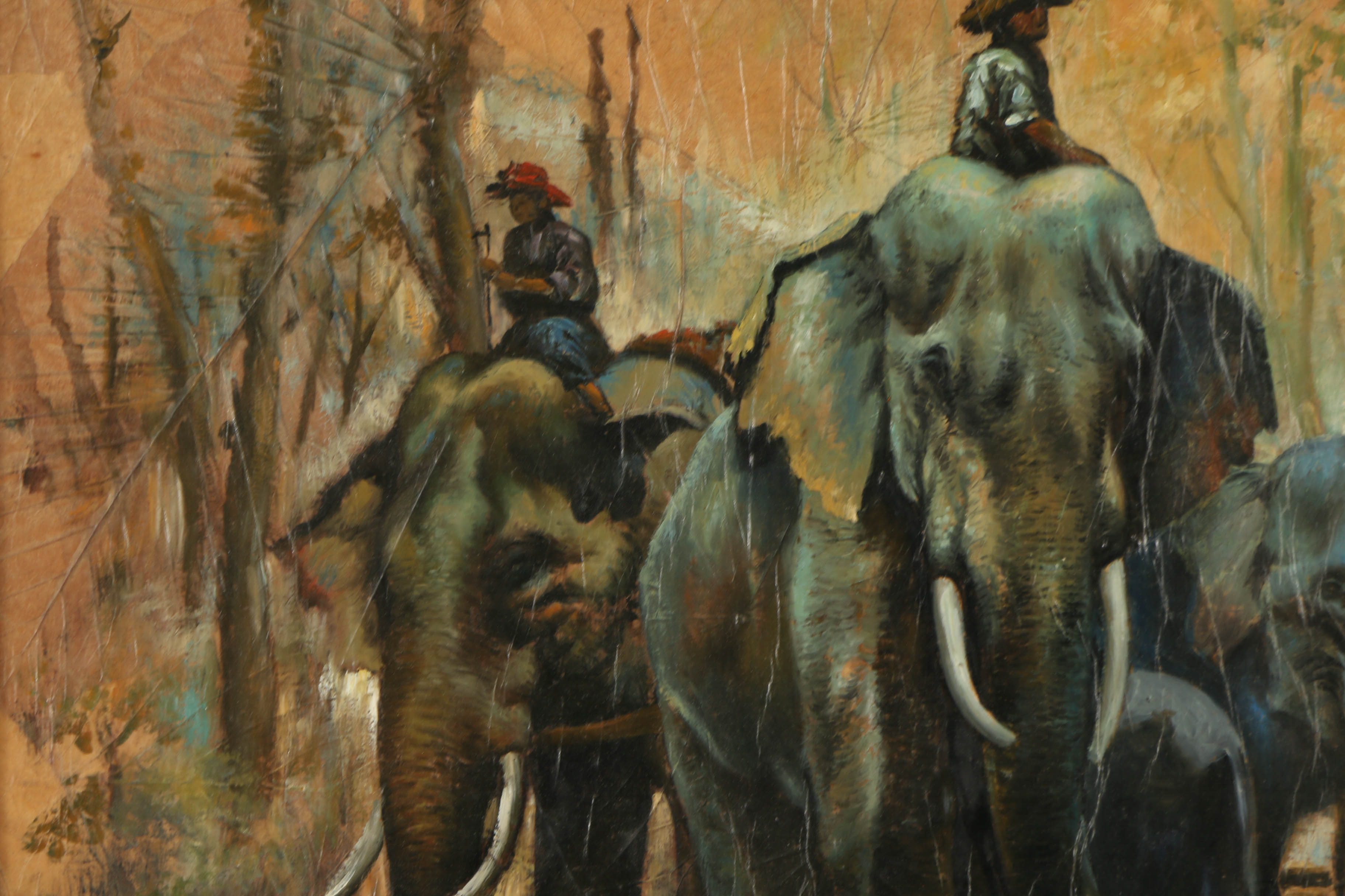 Lert Oil Painting on Leaves of Figures Riding Elephants