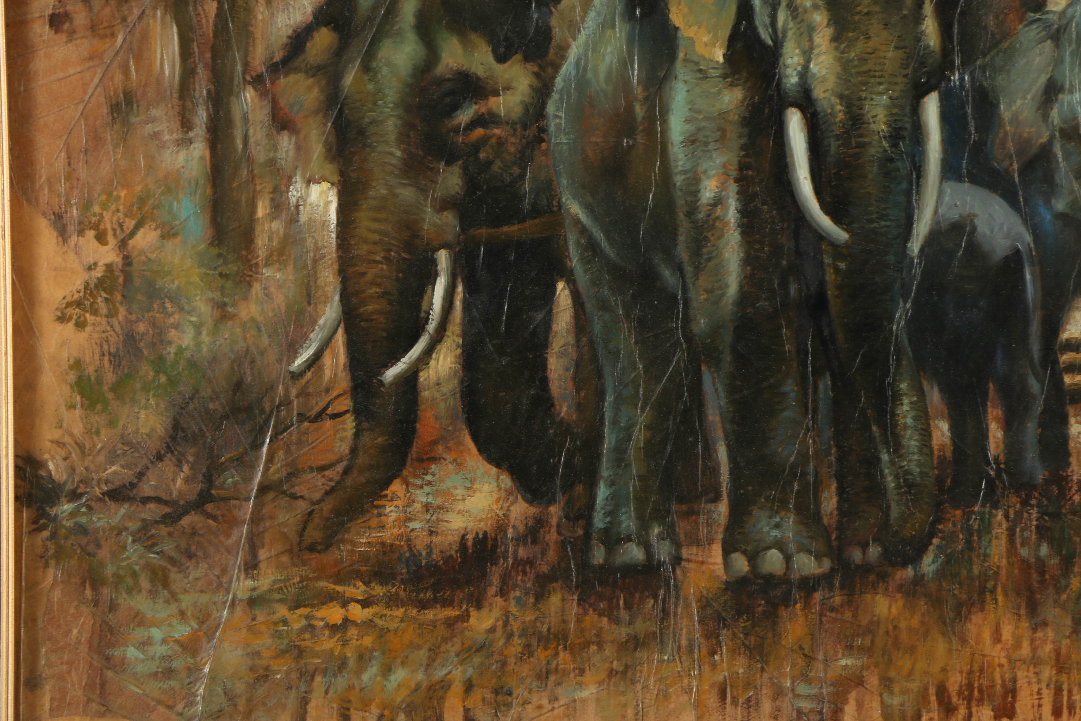 Lert Oil Painting on Leaves of Figures Riding Elephants