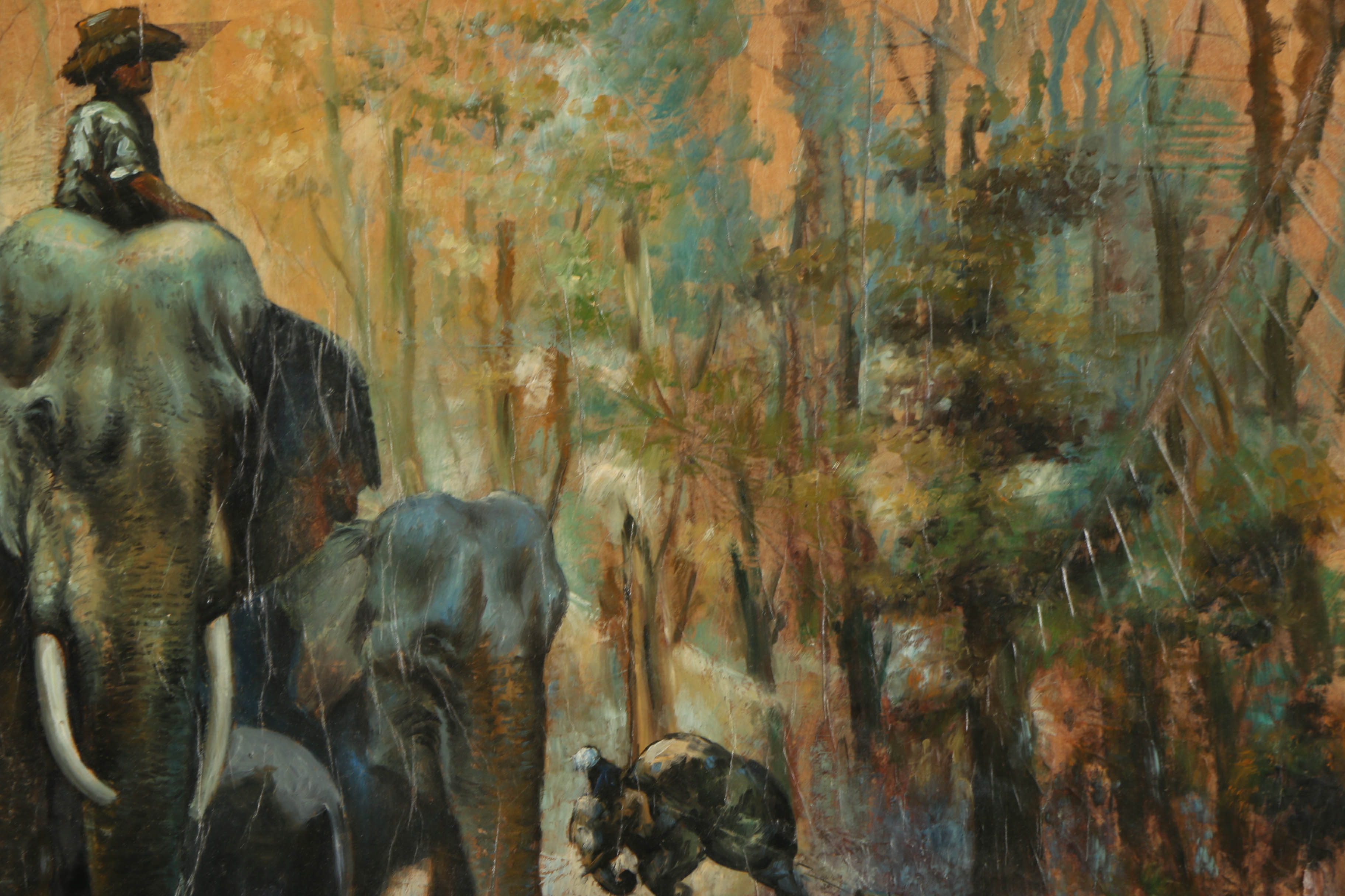 Lert Oil Painting on Leaves of Figures Riding Elephants