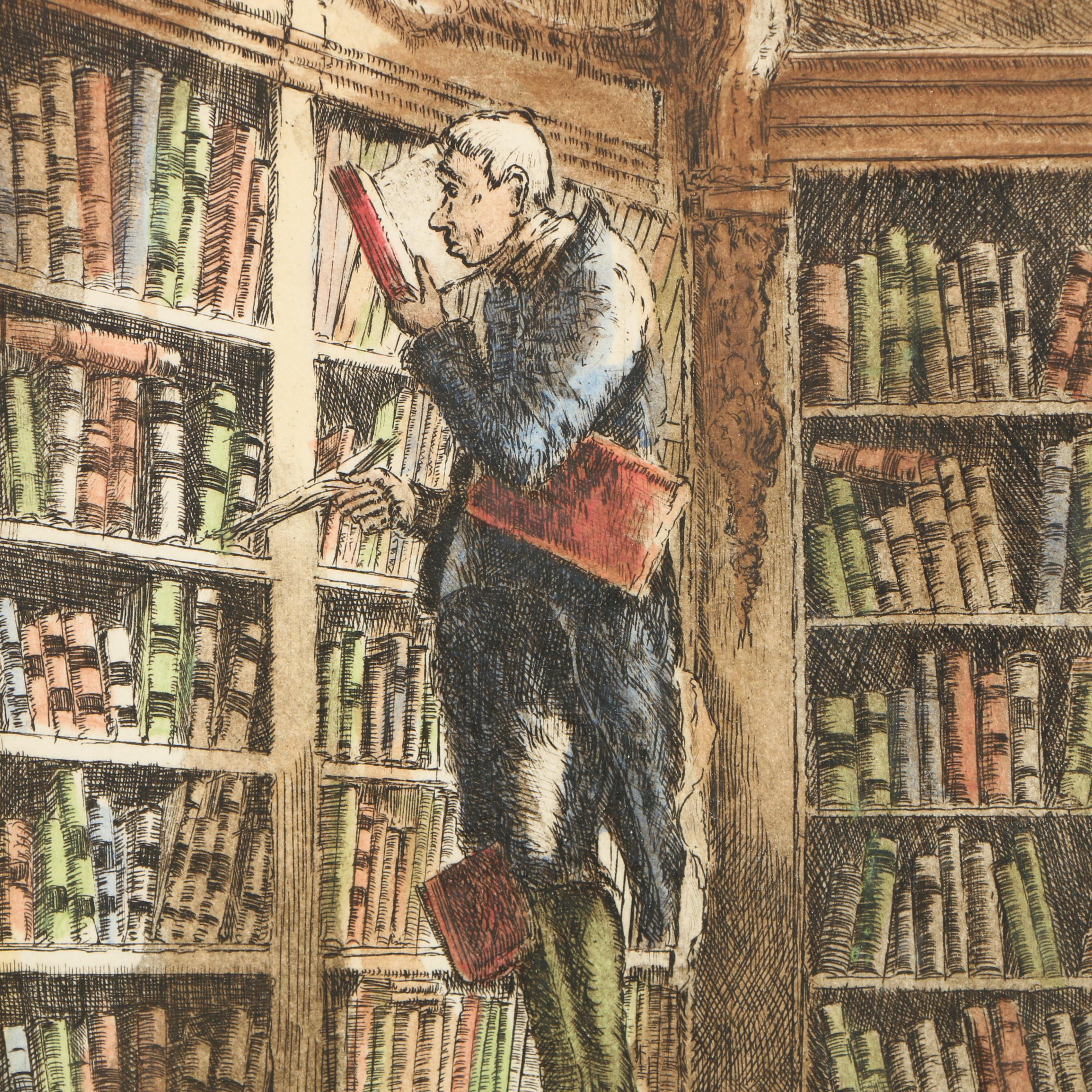 L. Mariae Limited Edition Hand Colored Etching on Paper "Bookworm"