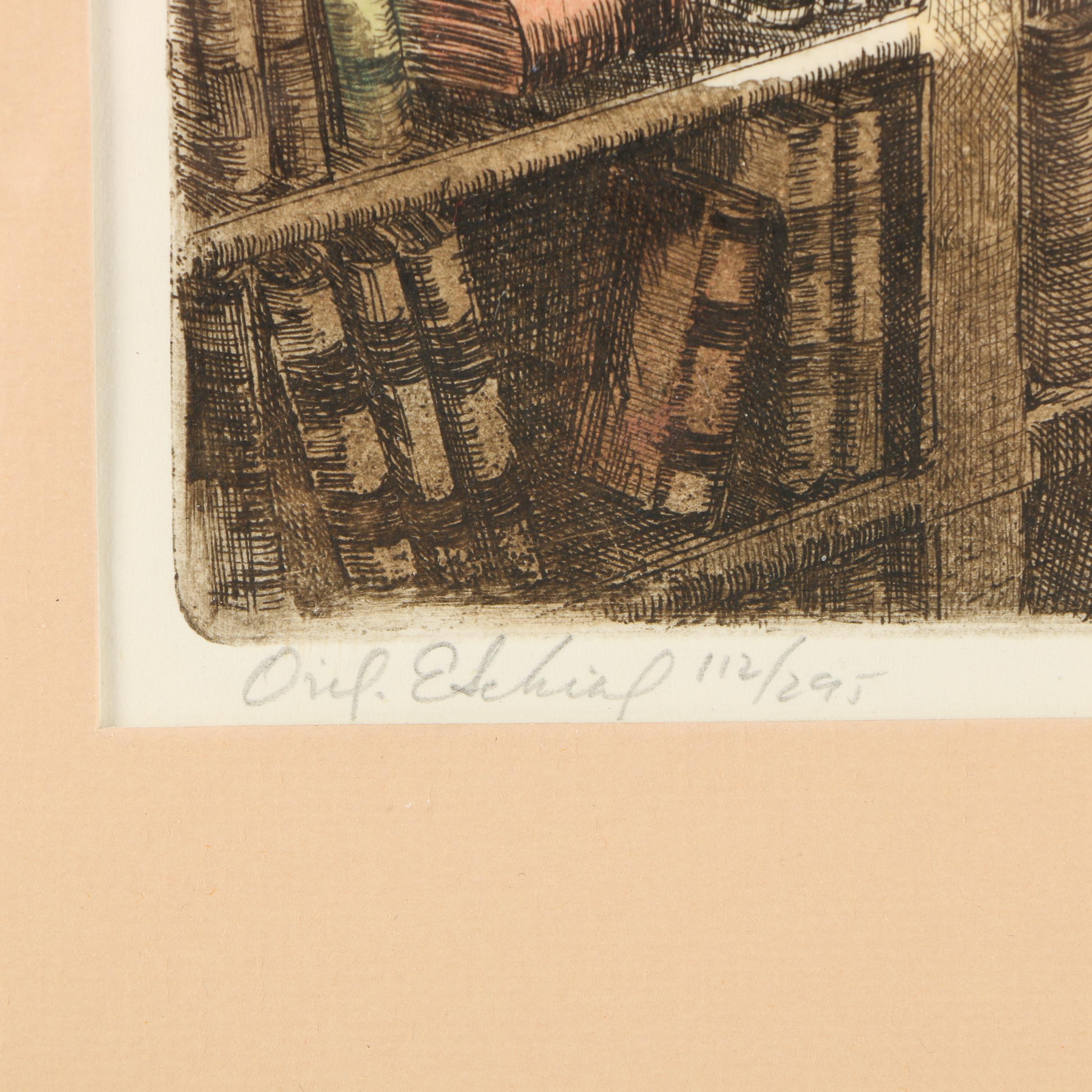 L. Mariae Limited Edition Hand Colored Etching on Paper "Bookworm"